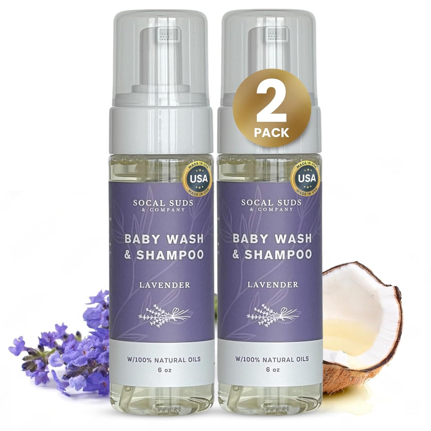 SoCal Suds & Company - Organic Foaming Baby Wash & Shampoo - Gentle Cleansing Newborn Body & Hair Soap for Sensitive Skin - Clean Natural Soothing Ingredients - Lavender, 6oz, 2-Pack