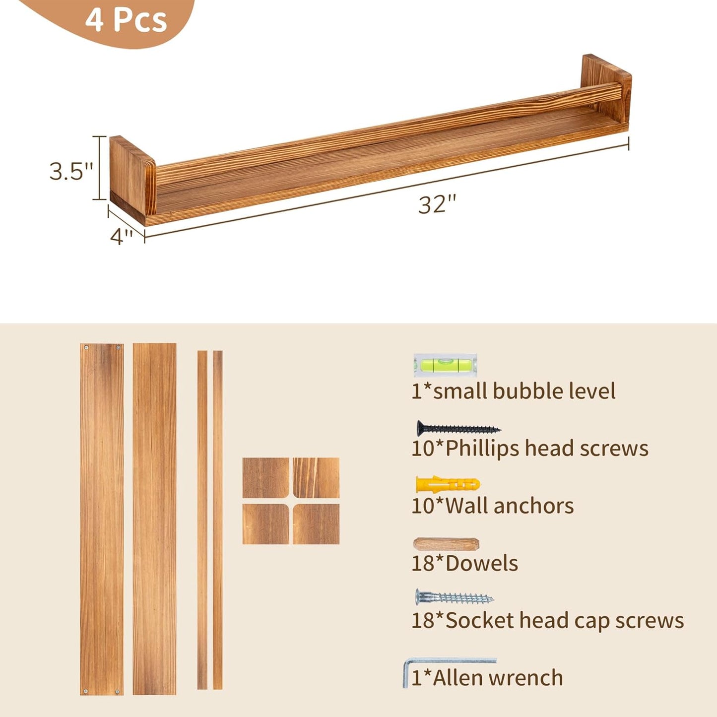 Fun Memories Nursery Book Shelves - Rustic Natural Solid Wood Floating Bookshelf for Kids - Wall Book Shelves for Kids Room (Carbonized, 32inch - 4P)