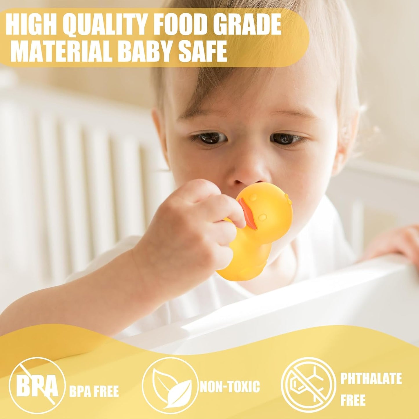 6Pcs Mold-Free Bath Toy Silicone Duck Set for Toddlers 1-3 Years and Babies 6-12 Months, Dishwasher Safe, with Duck Fishing Net and Storage Bag