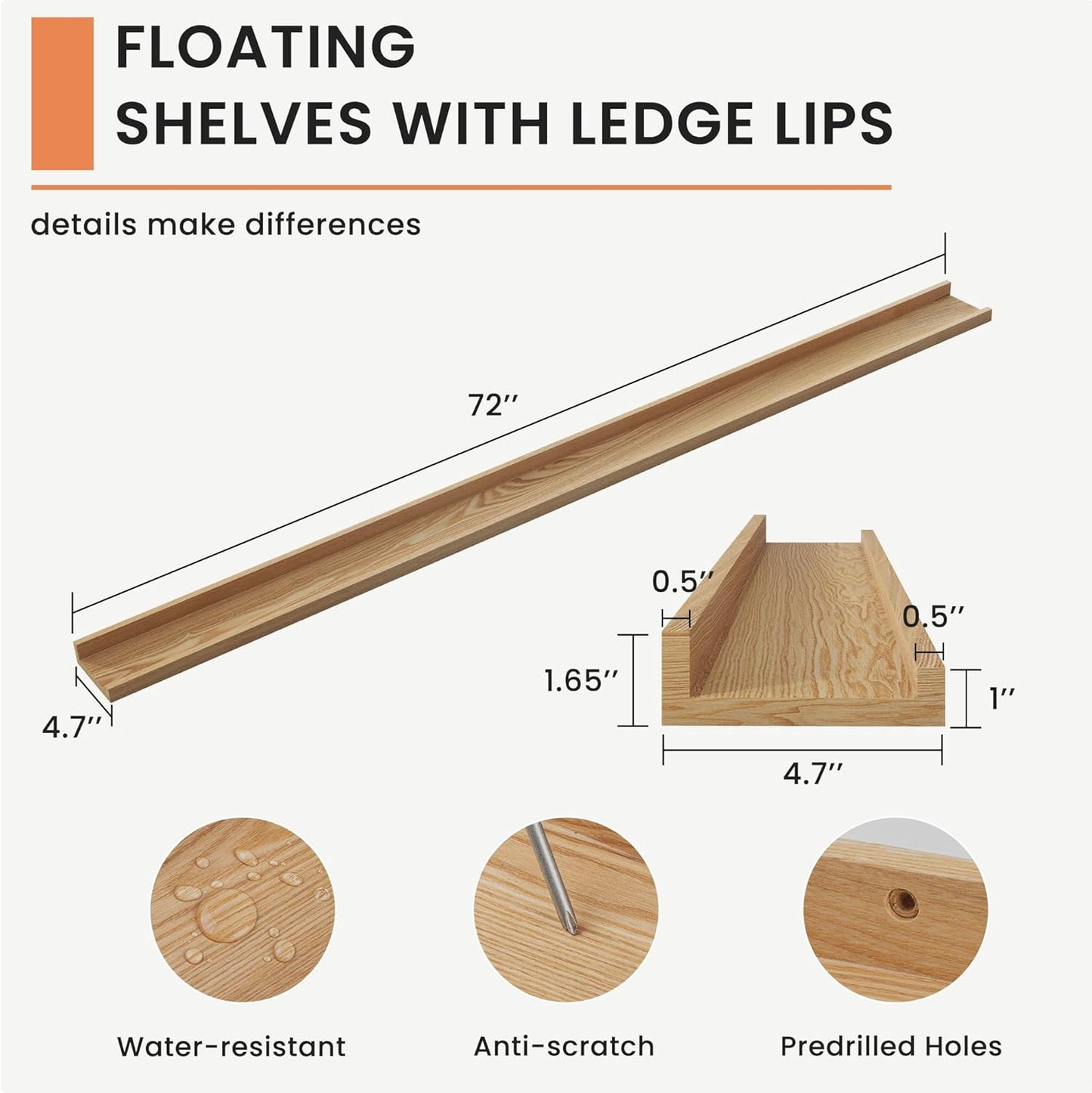 Picture Ledge Shelf, 72 inch Solid Ash Wood Floating Shelves Set of 2, Picture Ledge Photo Ledge Wall Mounted for Living Room Kids' Room Bedroom, Color Natural