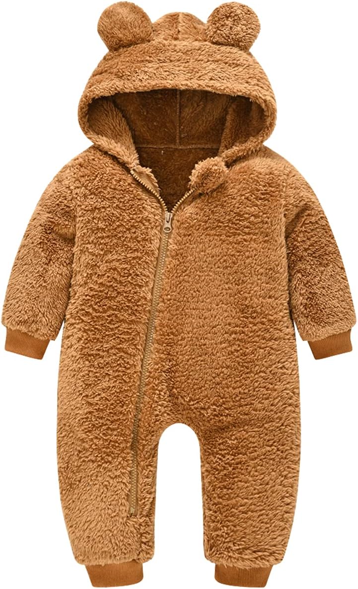 Baby Fleece Jumpsuits Infant Bear Ear Snowsuit Newborn Hooded Romper Warm Coat