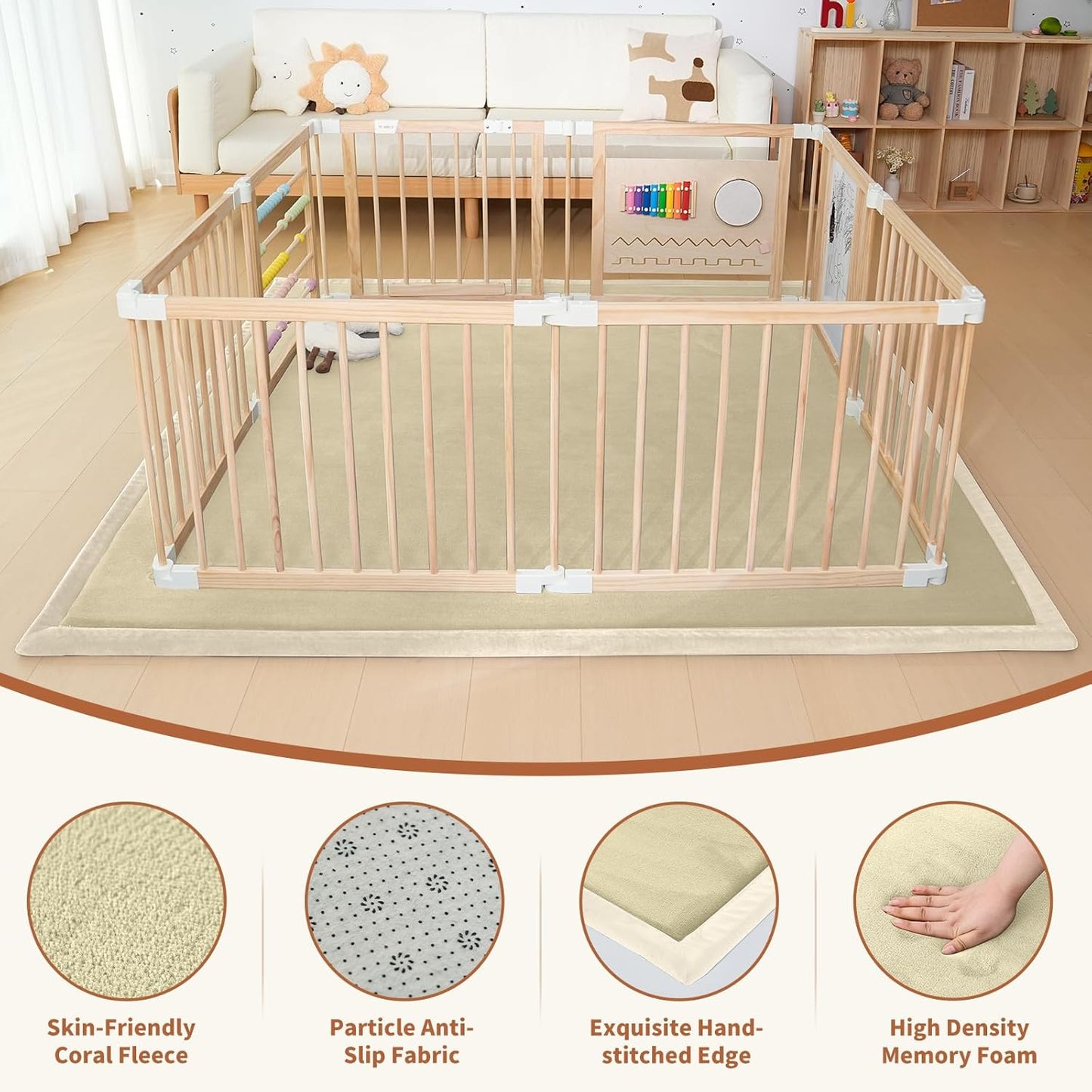 SUNYRISY Baby Play Mat for Floor 60 x 70in, 1.4in Thick Memory Foam Padded Play Mats Baby Rug, Soft Velvet Infants Toddler Kids Crawling Mat for Nursery, Non-Slip Bottom, Beige