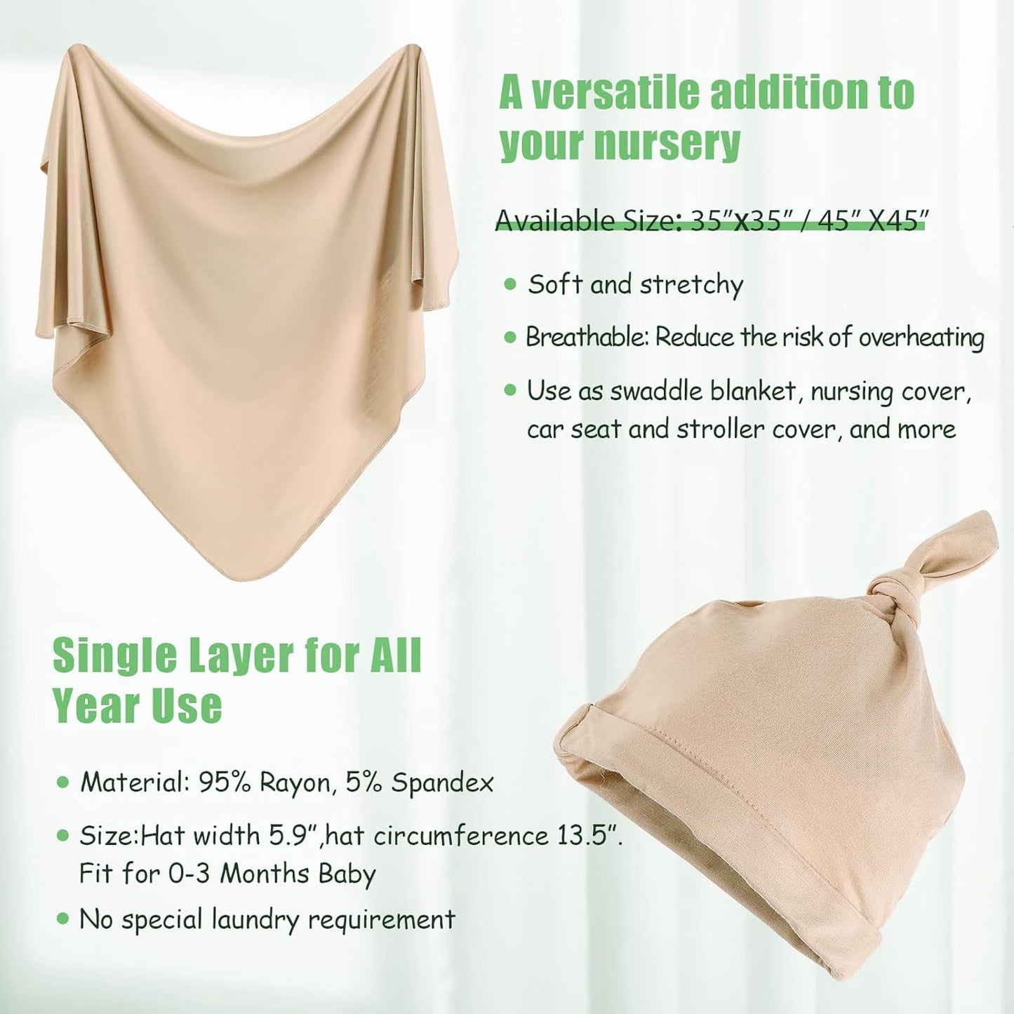 iEvolve Cotton Knitted Baby Swaddle Blanket with Hat Headband Set Newborn Swaddle Wrap Receiving Blankets for Baby Girl Boy 45" x 45"(Beige)