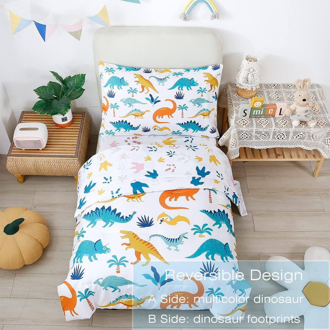 PERFEMET 4 Pieces Toddler Bedding Set Cartoon Dinosaur Print Comforter Sheet Set for Boys Microfiber Soft Toddler Comforter Set Includes Comforter, Flat Sheet, Fitted Sheet and Pillowcase, Colorful