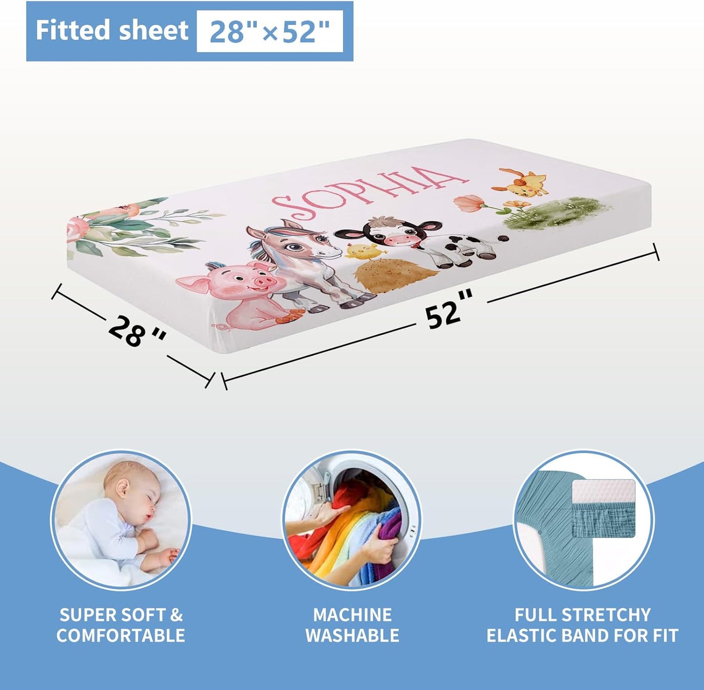 Personalized Baby Bedding Set, 5 Pcs Custom Crib Set With Name, Double Layer Nursery Bedding, Soft Farm Animal Set for Boy Girls, Customized Gift for Toddler Infant