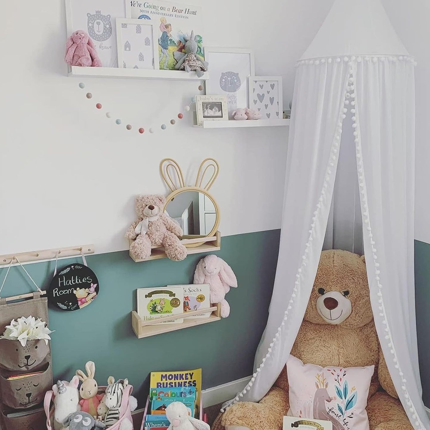 Bed Canopy with Pom Pom Cotton Canopy for Kids Crib Baby Girl Netting Cover Canopy Crib Curtain Reading Nook Hanging Tent Nursery Play Game Castle Room Decoration (White)
