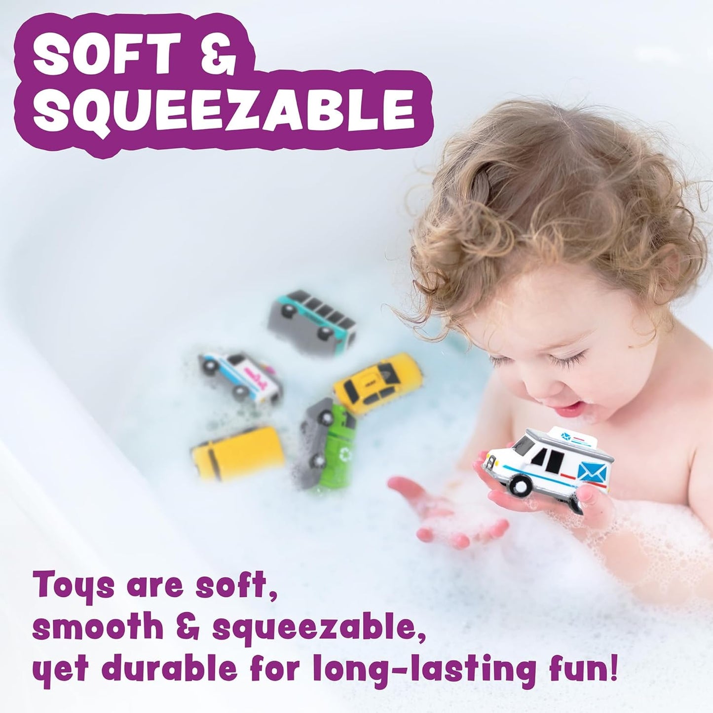 Tub Works® Vehicles™ Bath Cars Mold Free Bath Toys, 6 Pack | Sealed, No Hole Bath Toys Design Keeps Moisture Out | Soft, Squeezable & Float on Water | Fun Baby & Toddler Bath Toys | City Car Bath Toys