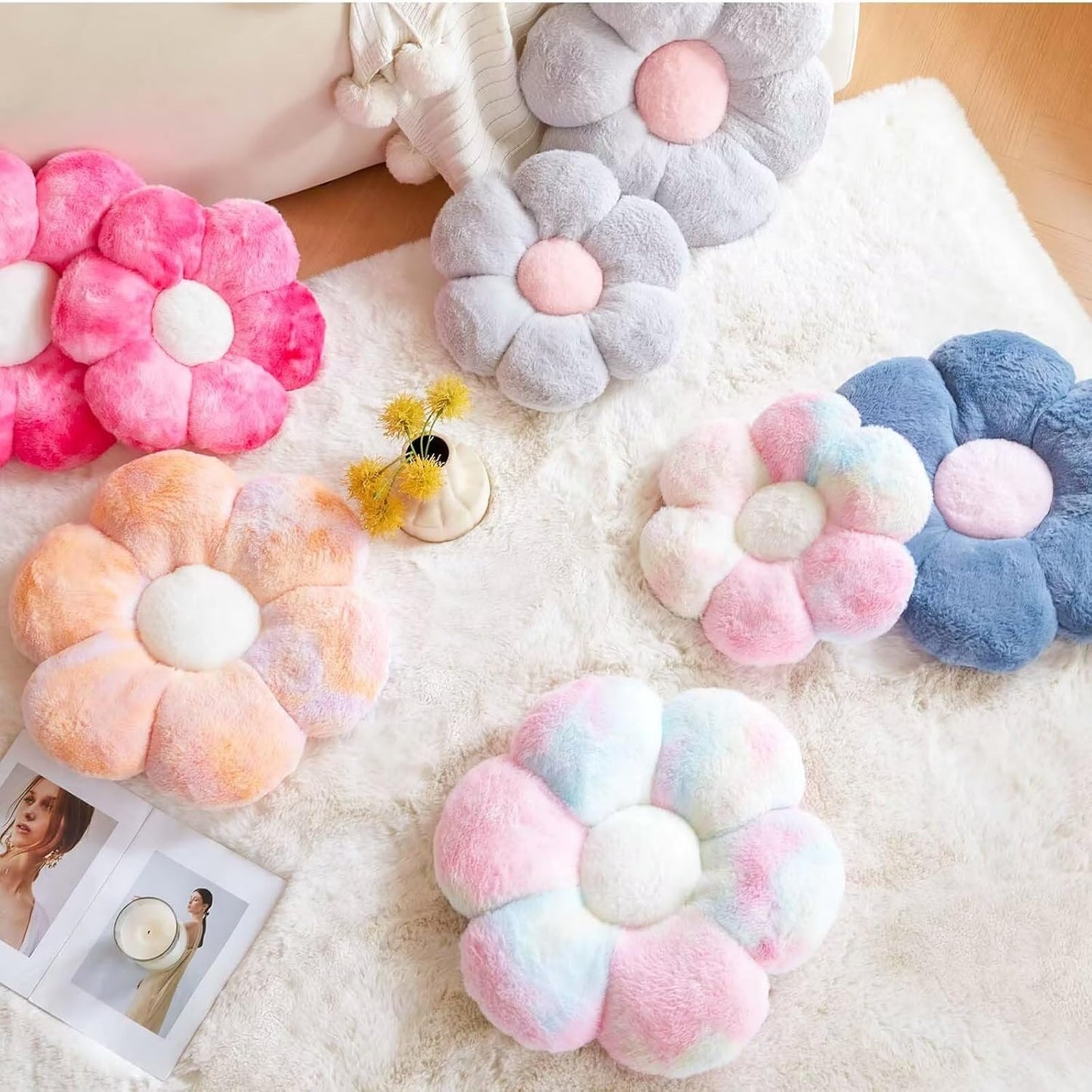 Dusty Blue Flower Shaped Throw Pillow with Faux Rabbit Fur, 14.9" Soft Plush Throw Pillow for Bedroom Living Room