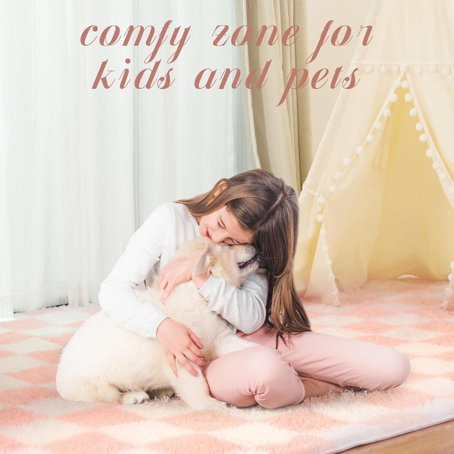 Super Soft Rug for Bedroom, 3x5 Ft Pink and White Area Rug Classic Checkered Shaggy Anti-Skid High Pile Soft Fluffy Rug Fuzzy Carpet for Living Room Bedroom Kids Room Nursery, Dorm Home Decor