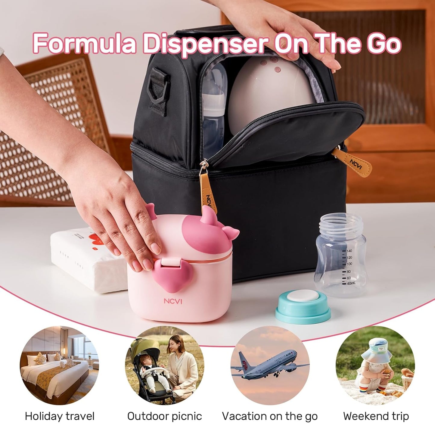 NCVI Baby Formula Dispenser On The Go, Formula Container To Go, Formula Holder for Travel, Outdoor Picnic with Baby Infant, Portable Container for Milk Powder, Snacks, Candy, Fruits (Pink)