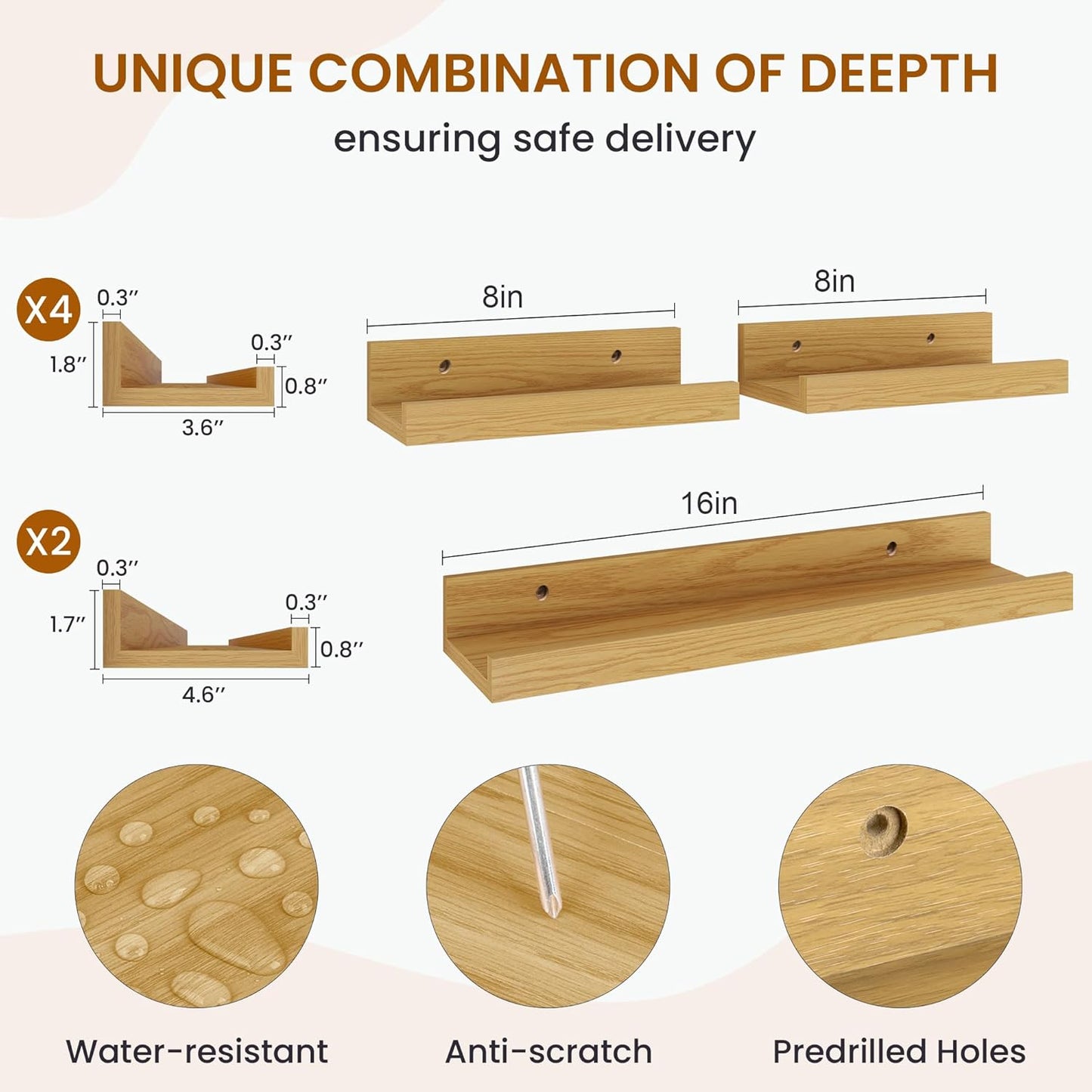 Axeman Picture Ledge Shelf, Floating Shelves for Wall Decor Storage Set of 6, 16 inch Floating Wall Mounted Shelves, Wall Shelves with Lip for Living Room, Bedroom, Nursery, Bathroom, Kitchen, Oak