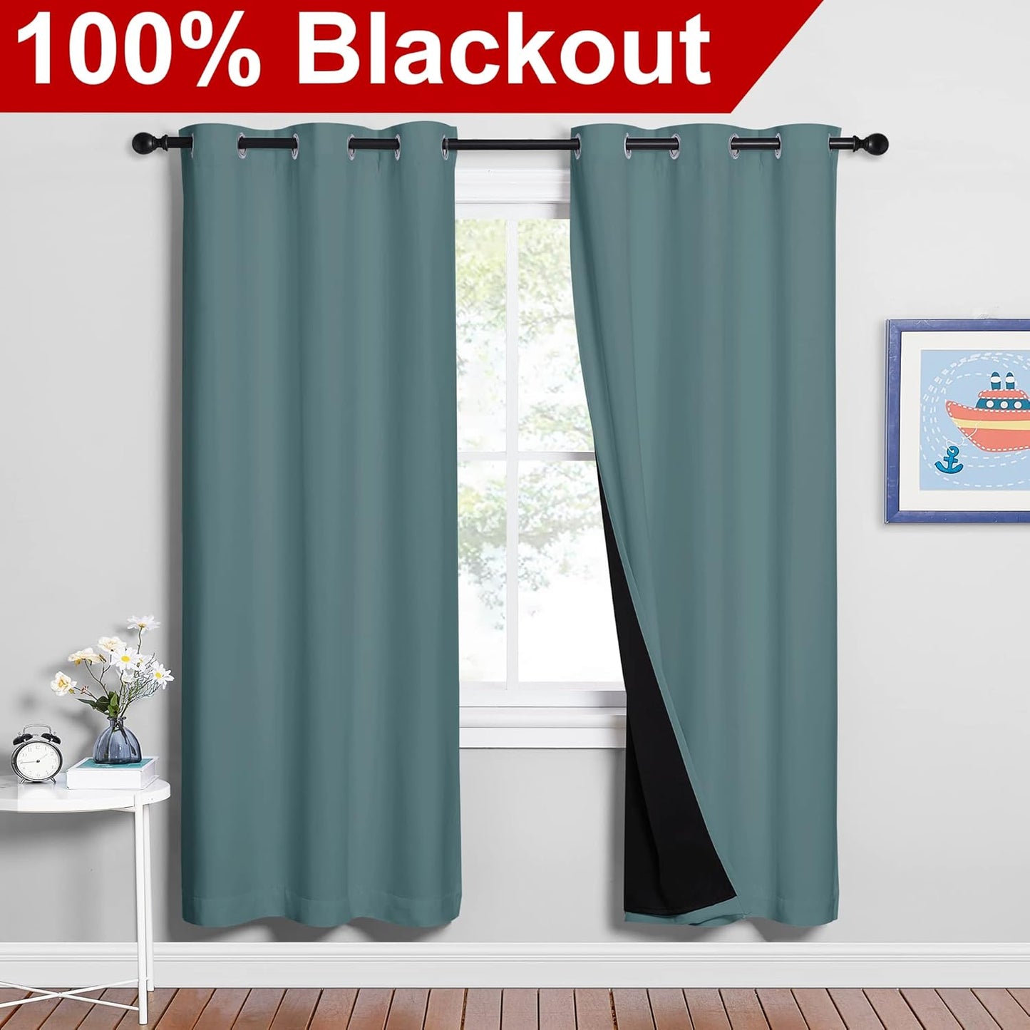 NICETOWN 100% Blackout Window Curtain Panels, Full Light Blocking Drapes with Black Liner for Nursery, 72-inch Drop Thermal Insulated Draperies (Aqua, 2 Pieces, 42-inch Wide Per Panel)