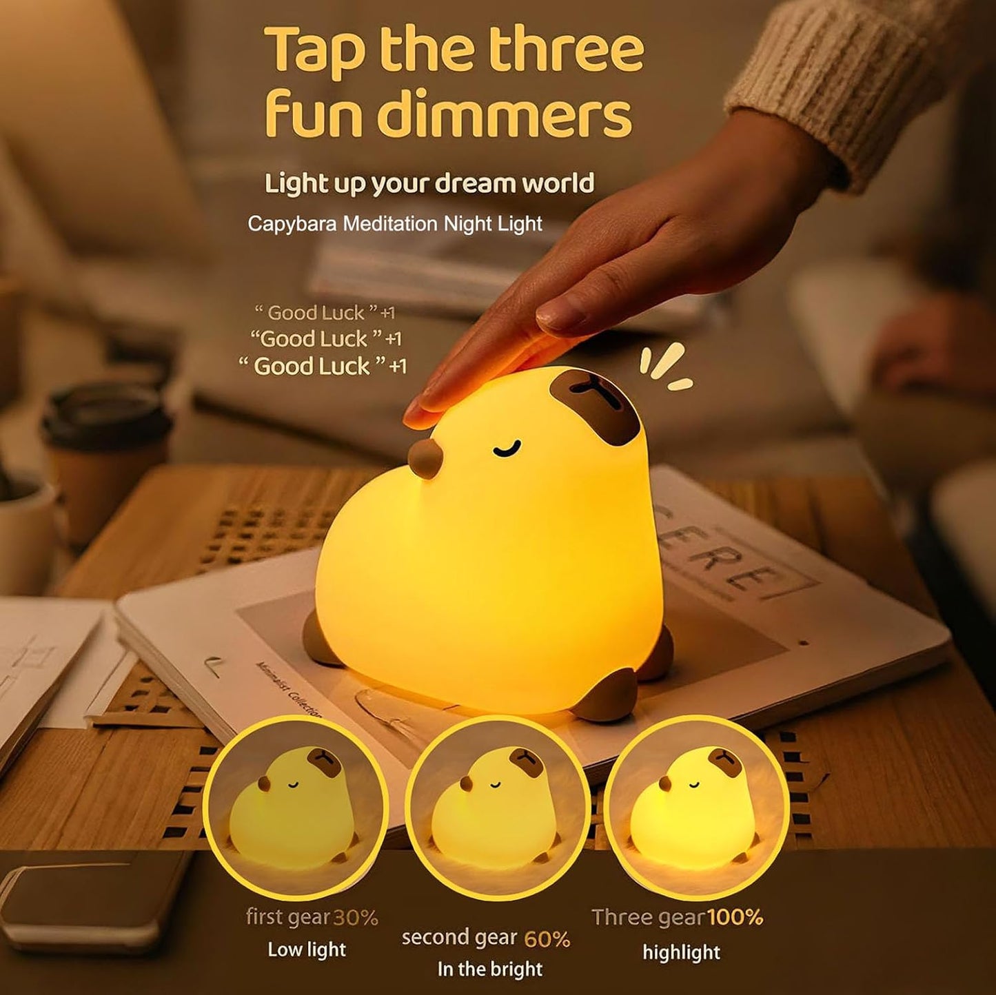 Cute Capybara Night Light, LED Capybara Lamp Rechargeable Touch Bedside Lamp,Squishy Animal Nightlight,3 Levels Dimmable,30Min Timer Nursery Night Light for Kids, Bedroom Baby Boys Girls Gifts