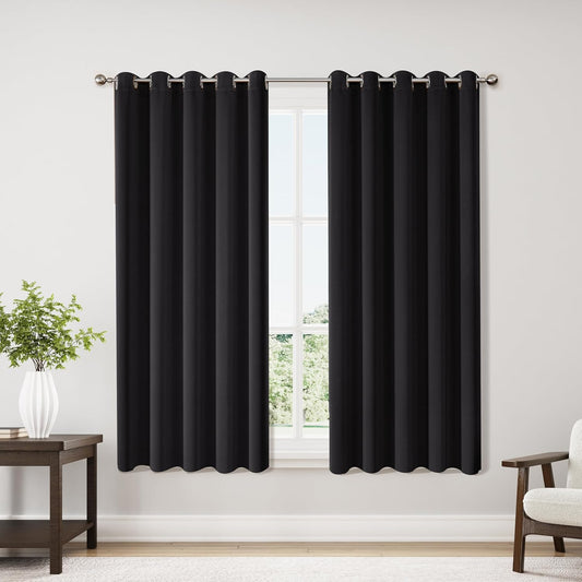 ChrisDowa Blackout Curtains 70 inches Wide for Bedroom - 2 Panels Set Extra Wide Grommet Thermal Insulated Room Darkening Curtains for Living Room (Black, 70 x 63 Inch)