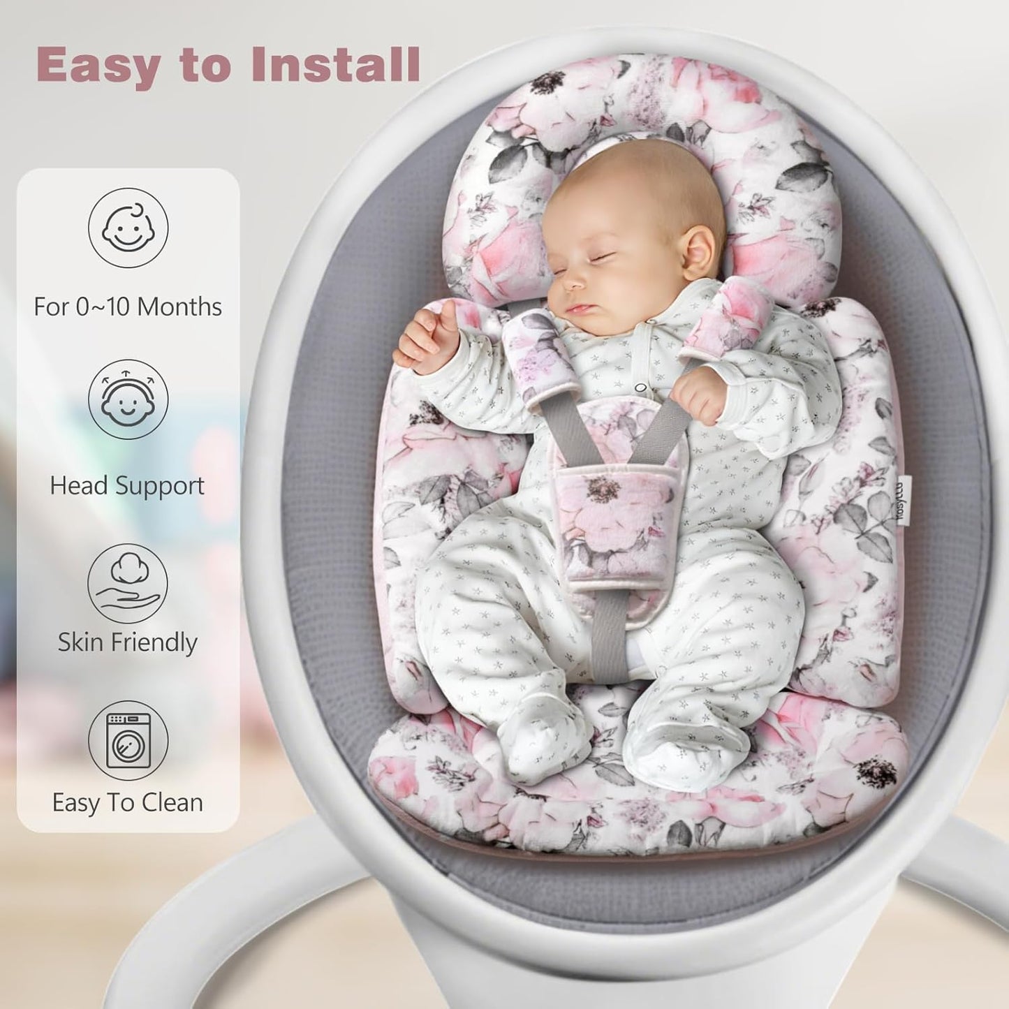 [Upgraded] Infant Car Seat Insert & Newborn Head Support, 3 Strap Covers + Reversible 2-in-1 Design – All Seasons Baby Car Seat Cushion for Stroller, Swing, Rocker, Bassinets