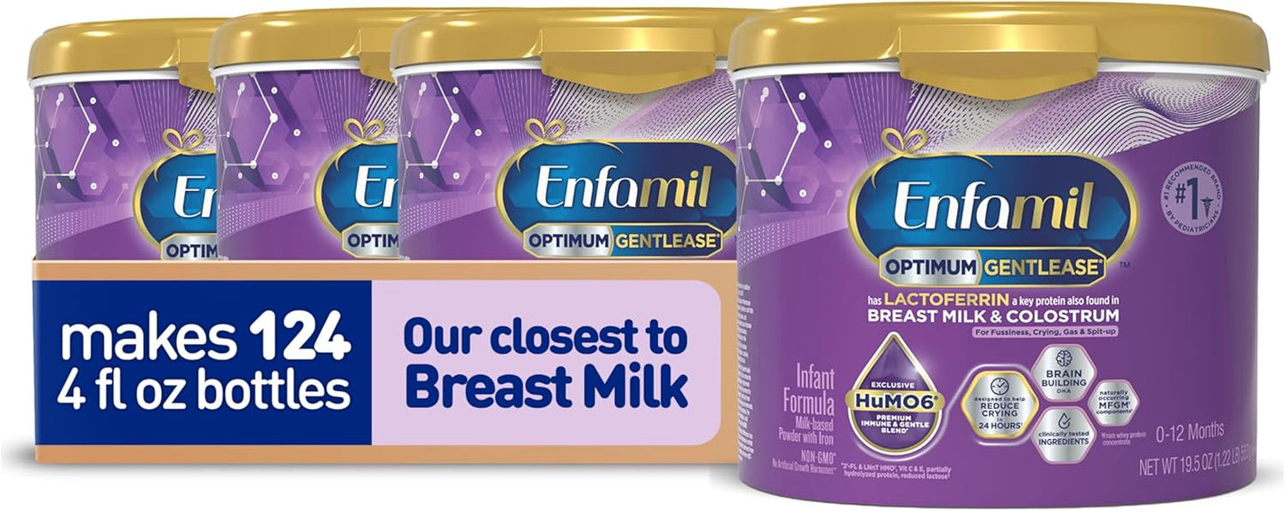 Enfamil Optimum Gentlease Baby Formula, Our Closest Formula to Breast Milk For Fussiness, Crying, Gas & Spit-up, Immune-Supporting Lactoferrin also found in Breast Milk, 19.5 Oz, Pack of 4