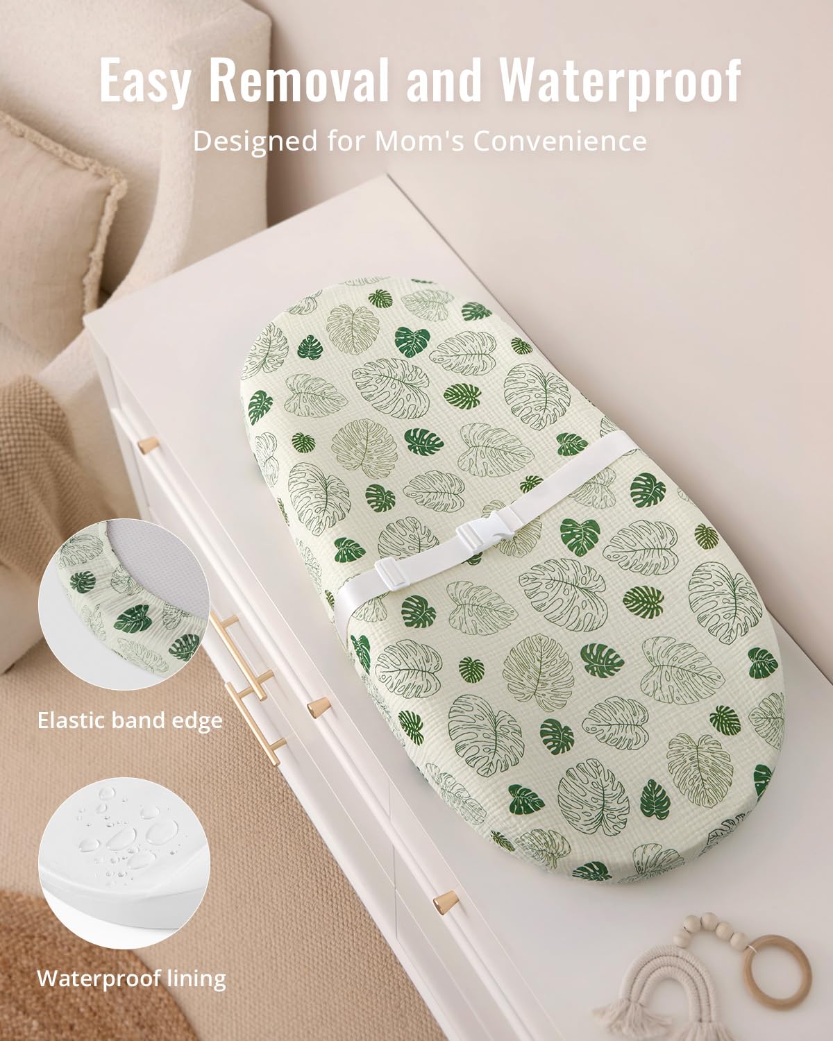 Blissful Diary Muslin Baby Changing Pad with Waterproof Lining Foam, Diaper Changing Table Pad with Cover for Dressers (Monstera, Avocado)