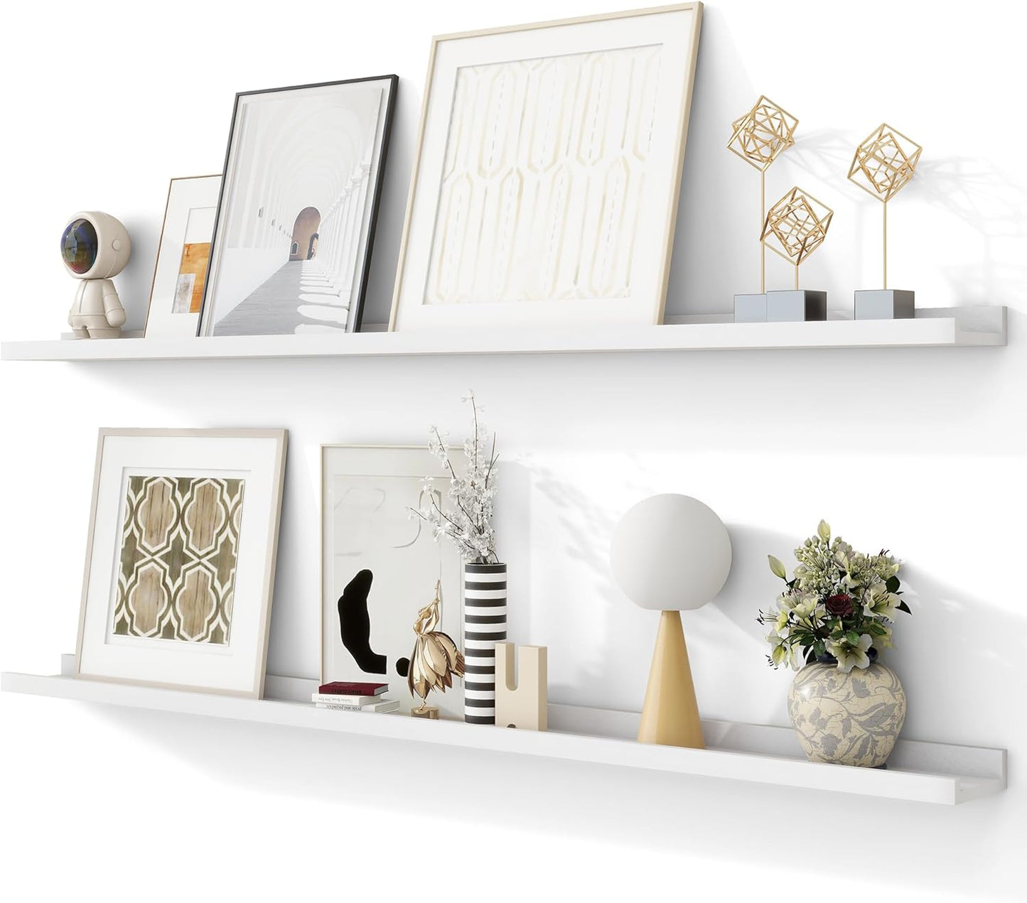 Solid Ash Wood Picture Ledge Shelf, Floating Shelves Set of 2, 56 Inch Long Large Ledge Shelves, Nursery Book Shelves Wall Mounted for Living Room Bedroom Kitchen Decor Kids Bookshelf, White