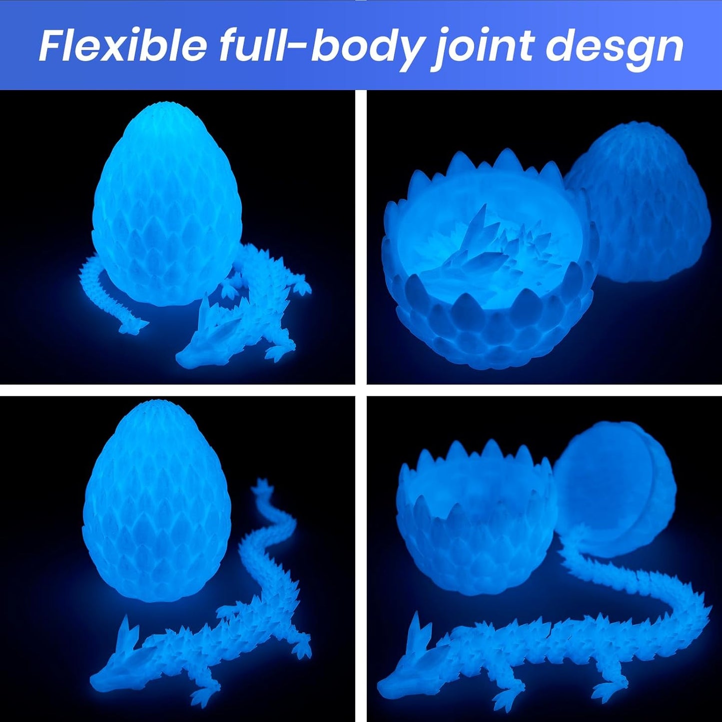Dragon Egg,15 inchs Crystal Dragon,Articulated Dragon, Fidget Toys for Autism/ADHD,3D Printed Gift Toy, Executive Desk Toys,Home Office Decor (Luminous Blue)