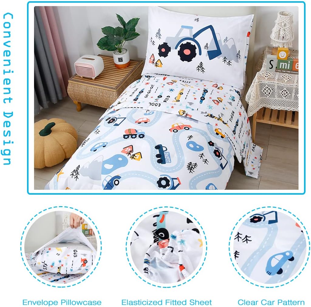 PERFEMET Comforter Set for Twin Bed Reversible Cars Pattern Bedding Set Soft Microfiber Bed in a Bag for Kids Boys Teens All Season Use(White, Twin)