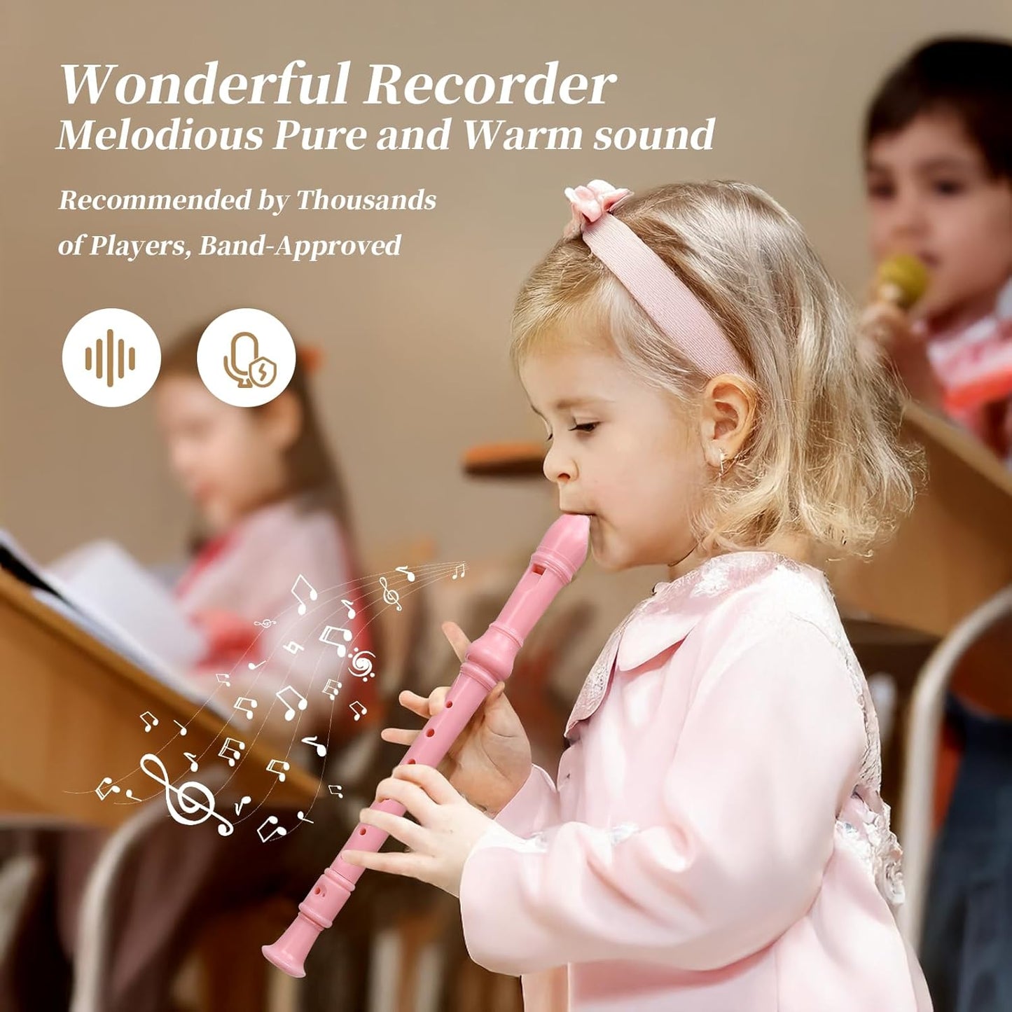 Soprano Recorder for Kids Beginners, German Fingering, C Key, 3 Piece with Cleaning Rod, Bag, Fingering Chart (Pink)…