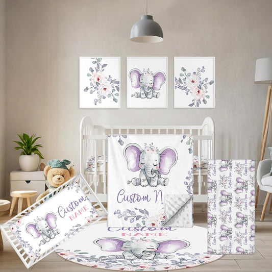 Personalized Baby Crib Bedding Set, 5 Pcs Custom Name Nursery Bedding Set, Purple Elephants Baby Bedding Set for Girls Boys, Double Layer Baby Crib Sets, Customized Gifts for Toddlers Infants