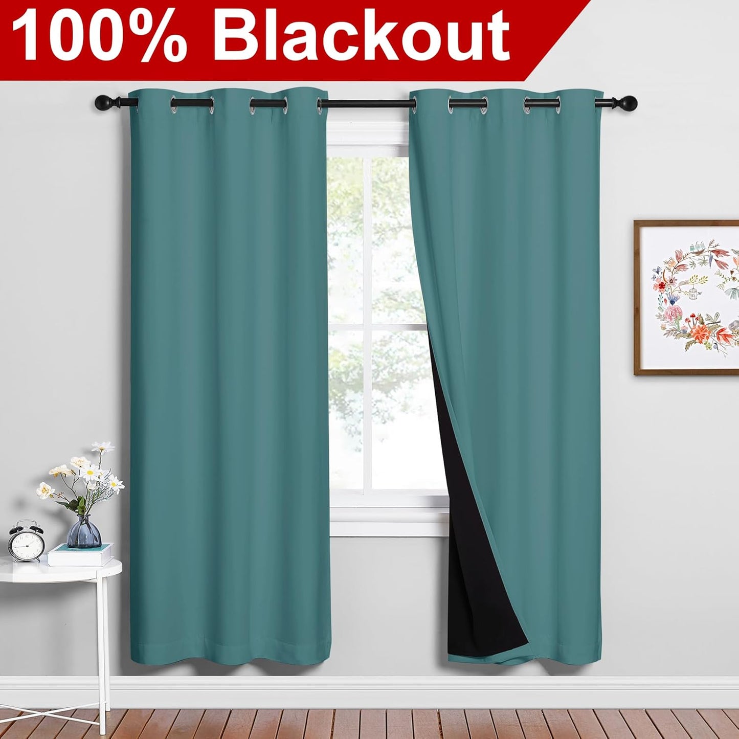NICETOWN 100% Blackout Window Curtain Panels, Sea Teal, 2 Pieces, 42-inch Wide Per Panel, Full Light Blocking Drapes with Black Liner for Nursery, 72-inch Drop Thermal Insulated Draperies