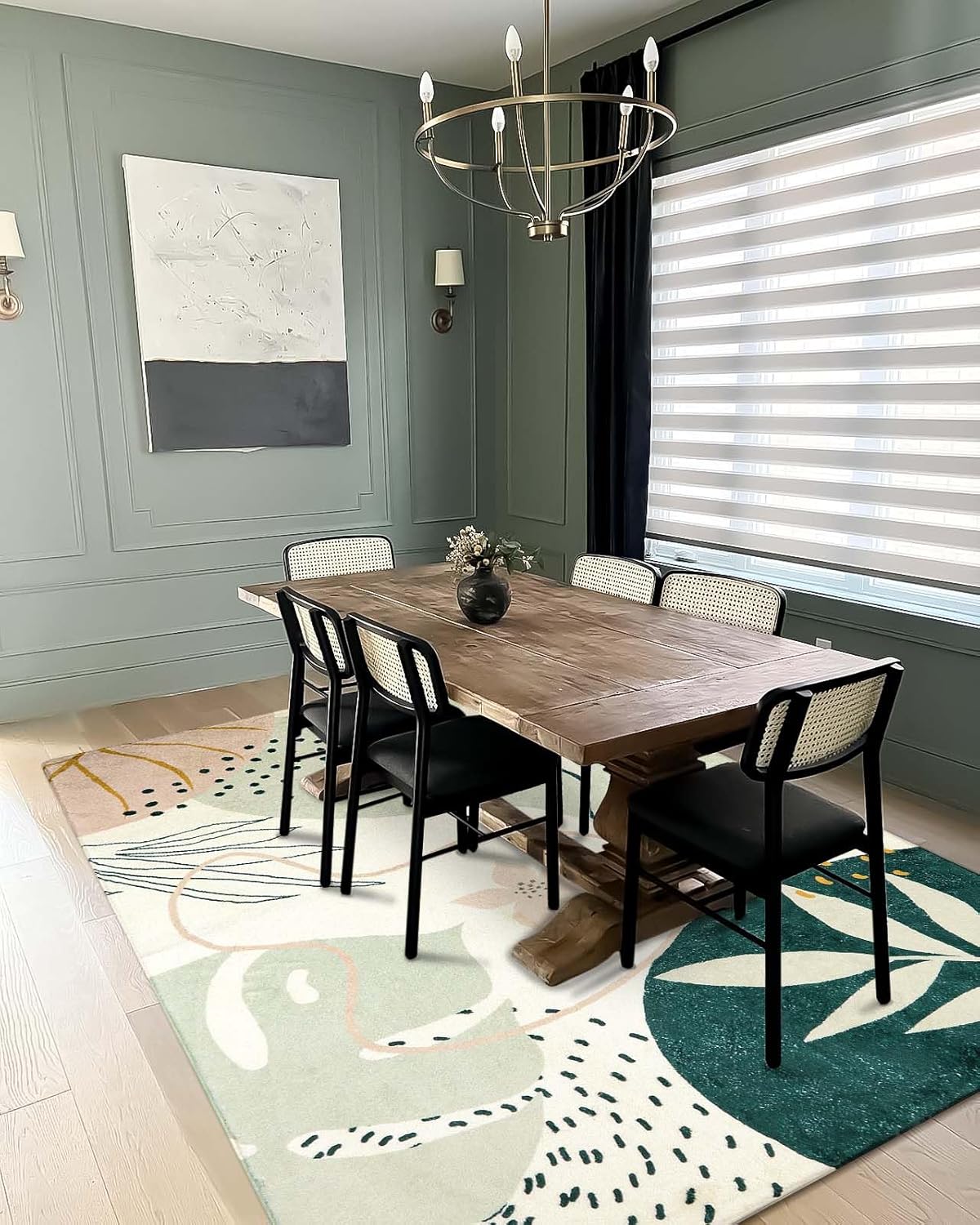 Lahome Green Machine Washable Living Room Rugs - 4x6 Area for Bedroom Throw Non-Slip Lightweight Dining Rug, Boho Botanical Print Soft Indoor Carpet Office Laundry Kitchen Entryway 4' x 6'