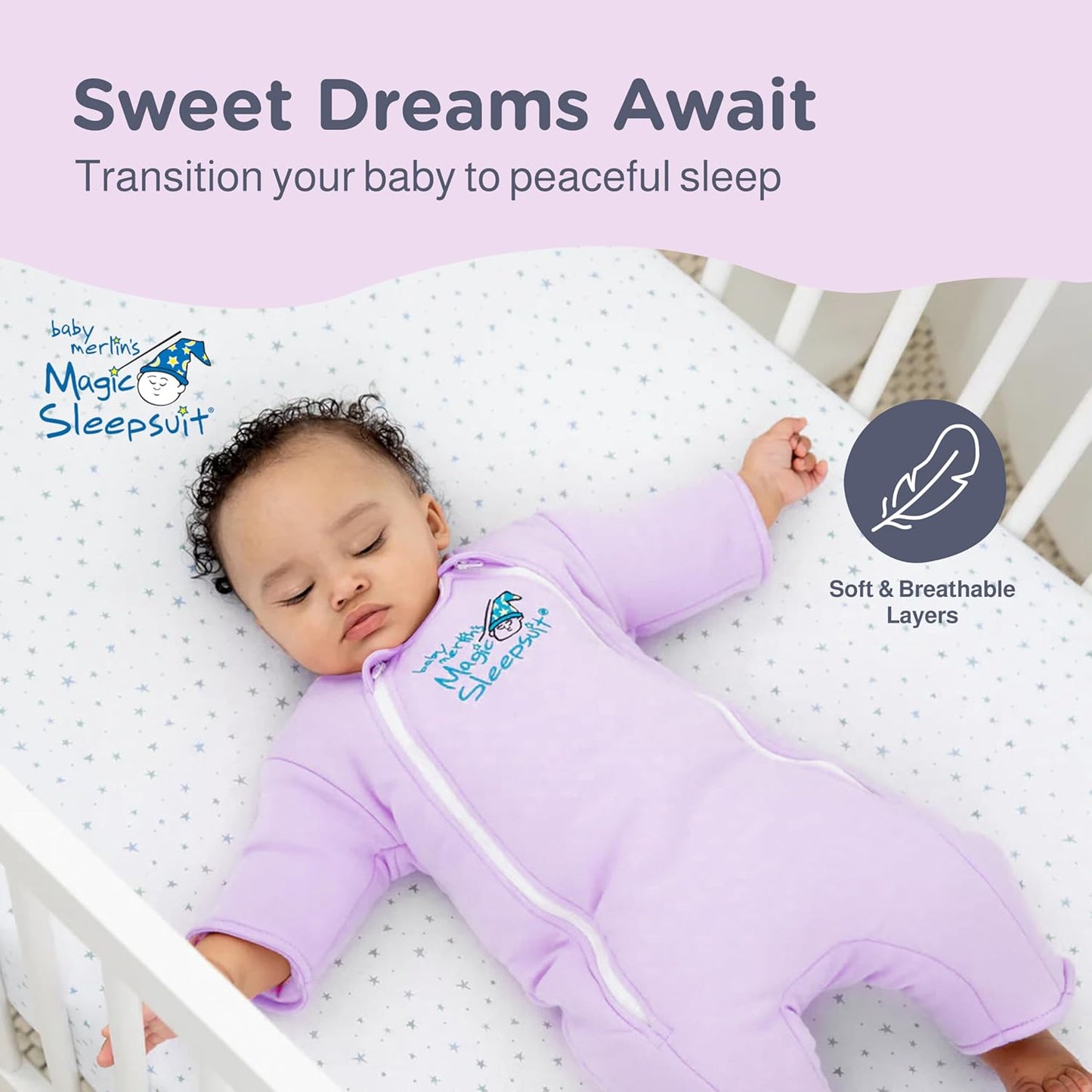 Magic Sleepsuit Baby Merlin's Cotton Baby Swaddle Transition Product - Soft and Cozy Design, Double Zipper for Easy Diaper Changes, Promotes Safe Sleep, 3-6 Months - Lavender - Small 12-18lbs