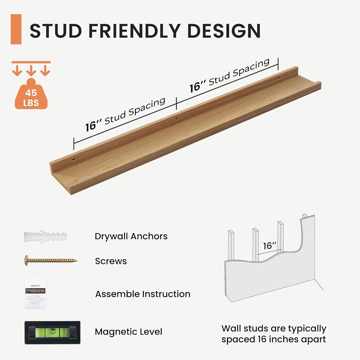 Solid Ash Wood Picture Ledge Shelf, 36 Inch Floating Shelves with Lip Set of 2, Photo Ledge Shelf Nursery Bookshelf Wall Mounted for Living Room Bedroom Decor, Natural