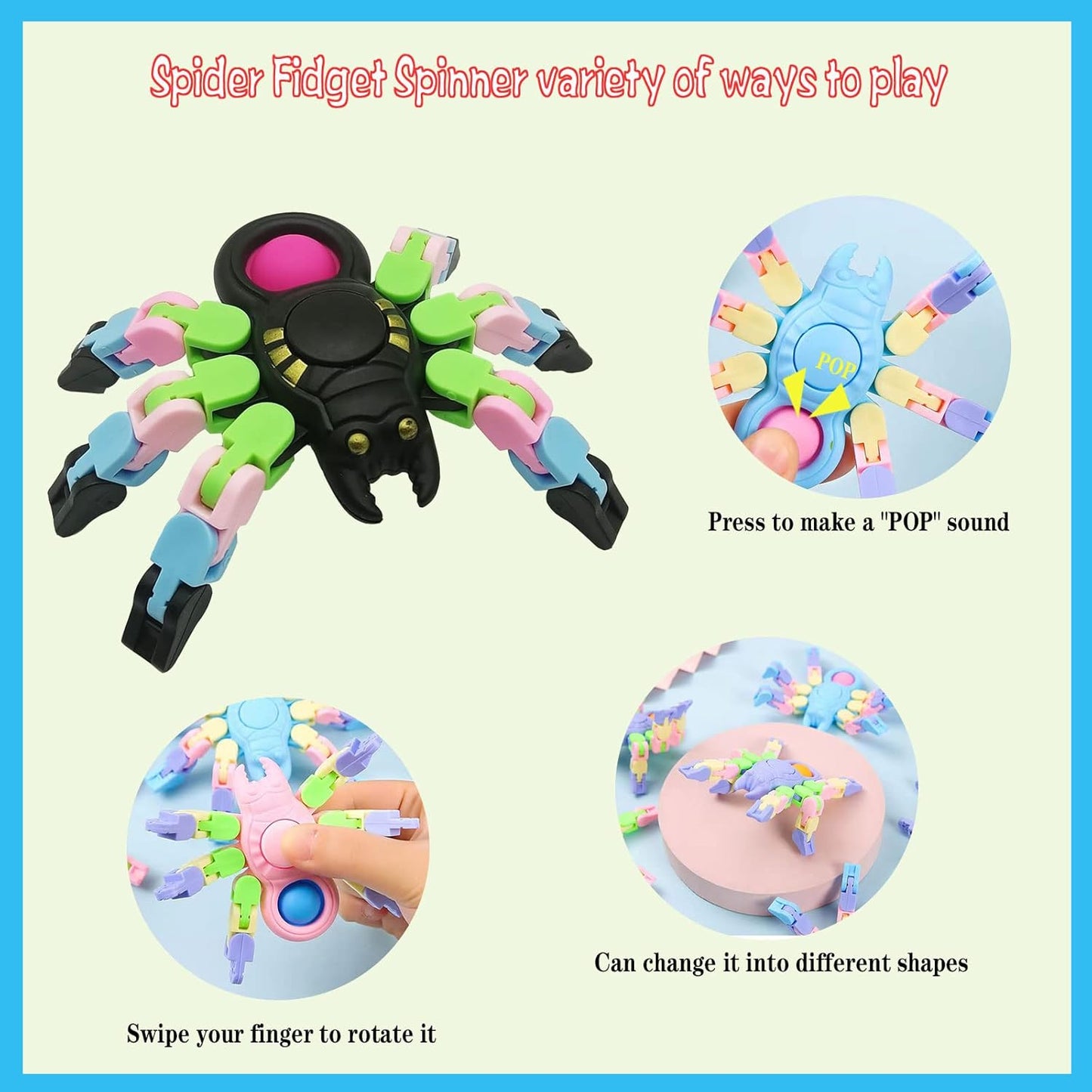 Sensory Fidgets Toys for Kids and Adults,4 Pack Transformable Fidget Spinners for Boys Girls, Chain Pop Spider Fingertip Toy for ADHD Autism for Kids Gifts, Random Color