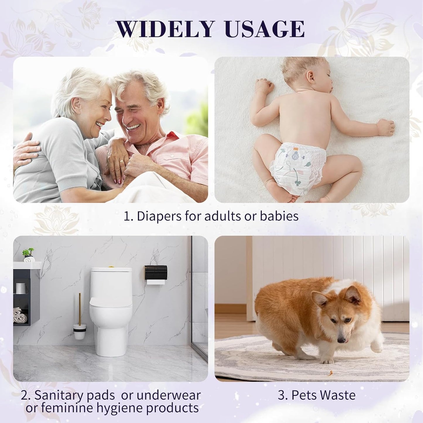 Large Adult Diaper Disposal Bags (18’’x23’’),96 Pcs, Scented, Elderly Waste Disposal, Baby Diapers Disposal Trash Bags, Sanitary Product Disposal at Home and Travel, Purple