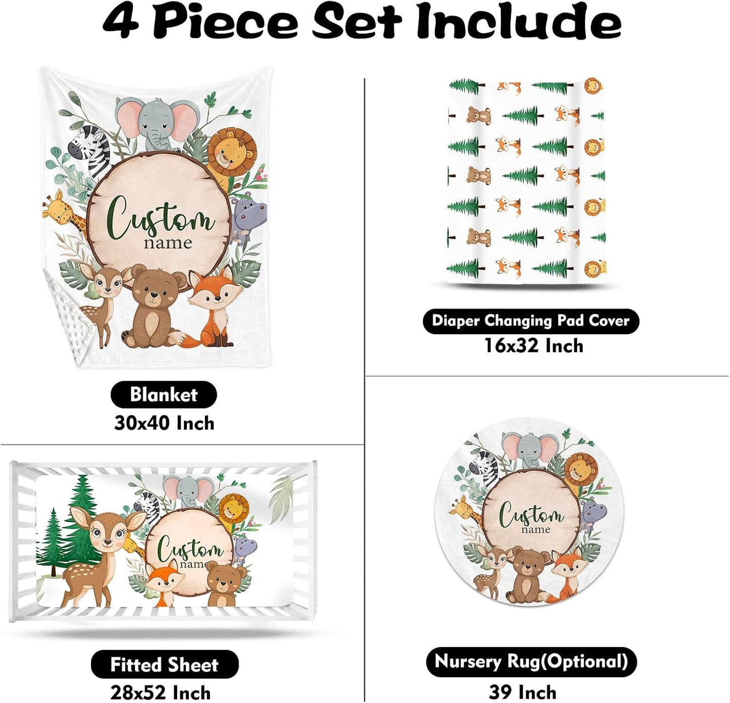 Custom Nursery Crib Bedding Set: Personalized Name 4 Piece Animal Theme Baby Crib Sets for Boys Girls - Toddler Double Layer Blanket Set, Comfortable Crib Bed Sheets for Baby Toddlers