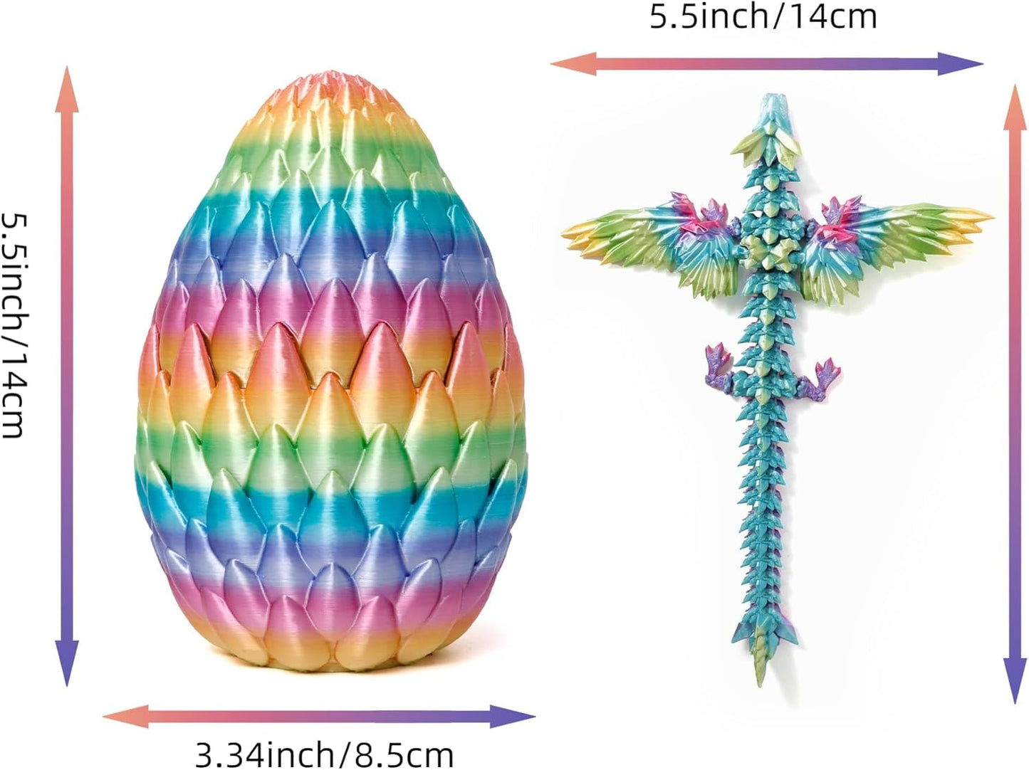3D Printed Dragon Egg, Rainbow Flying Dragon in Colorful Eggs, Fidget Toy for Birthday Gift, Flexible Desk Figure Decor (Rainbow)