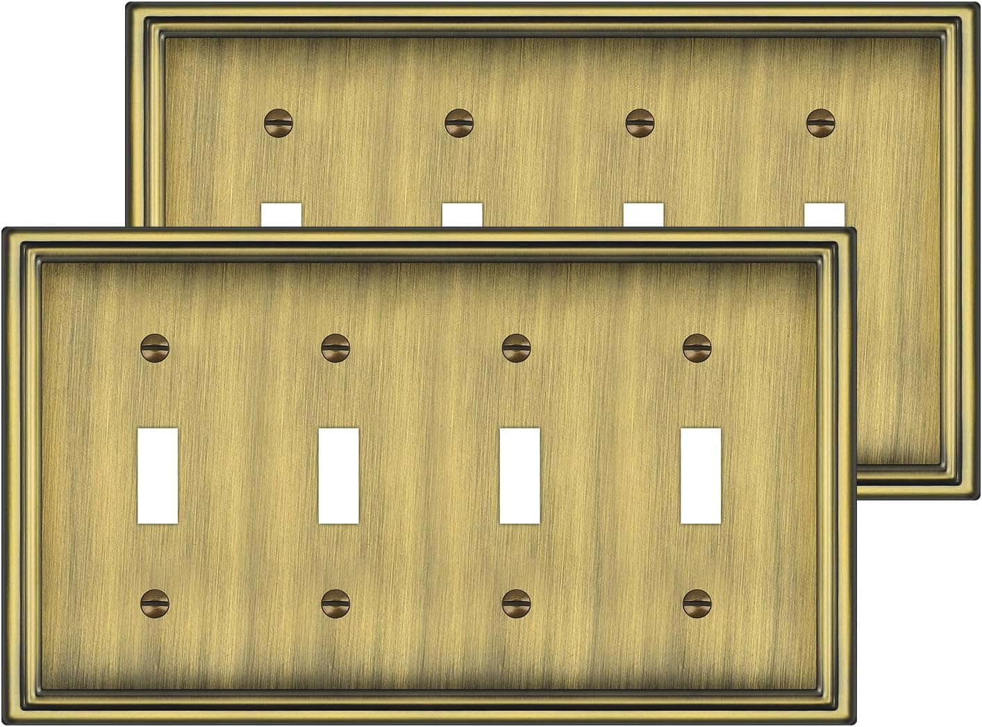 2 Pack Quad Toggle Light Switch Covers Plate, Antique Brass Metal Material Switch Plate Covers, 4 Gang Wall Plate for Light Switch - Classic Style
