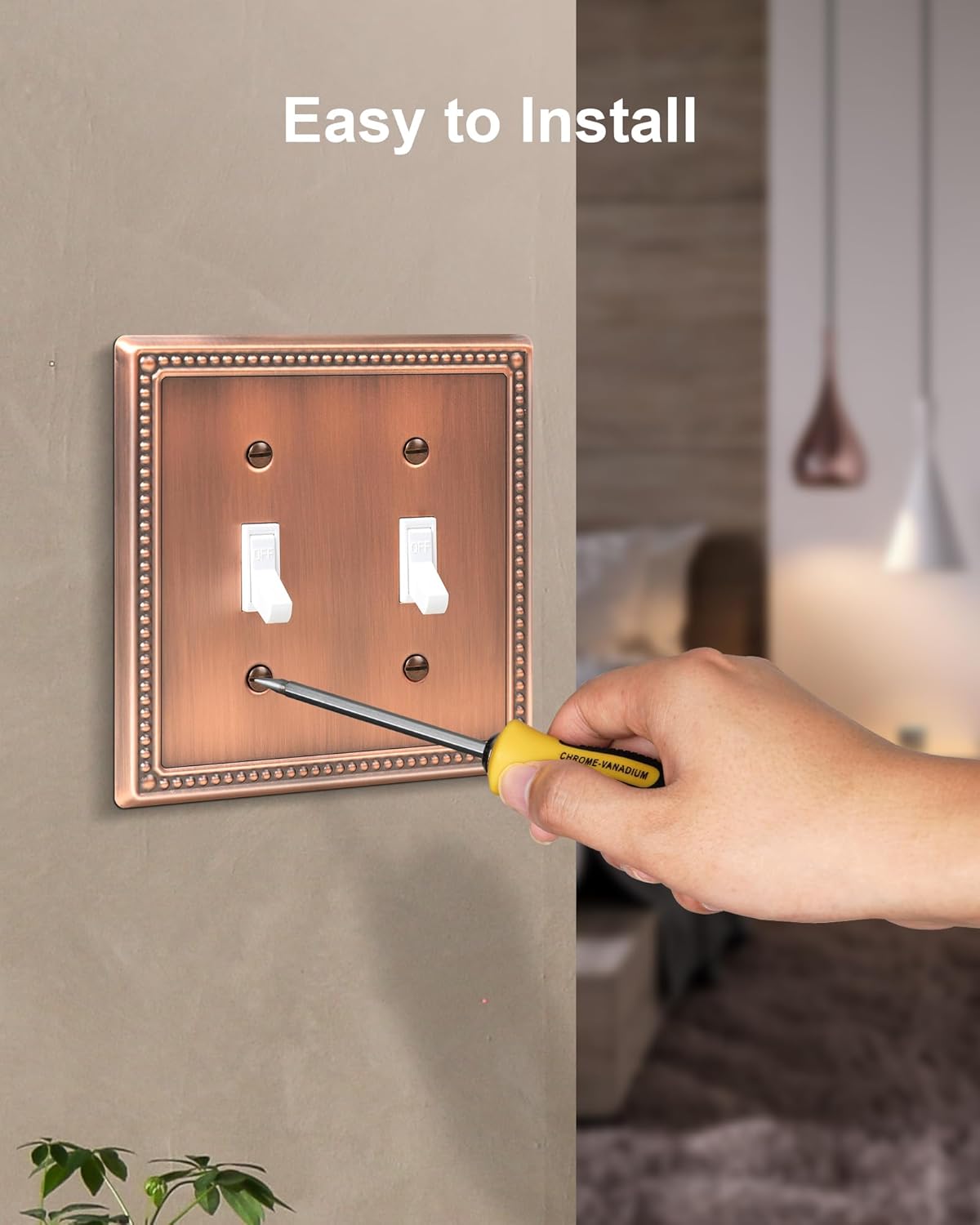 2-Pack Double Toggle Light Switch Cover Plate, Pearls Decorative Dual Switch Plate Covers, Antique Copper 2 Gang Metal Wall Plate, Corrosion Resistant