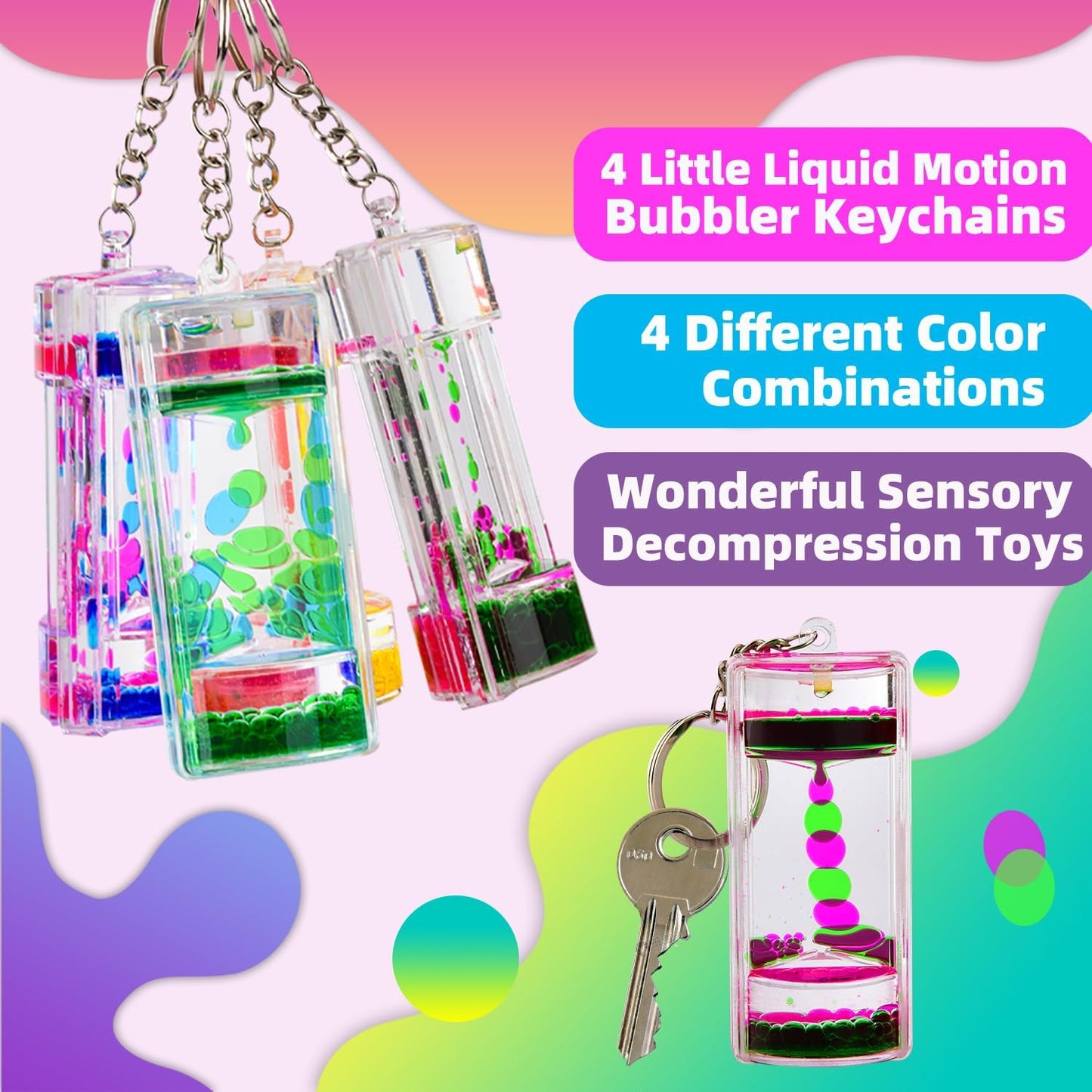 Liquid Motion Bubbler Keychains - Stress Relief Sensory Toy Gifts for Kids - Colorful Liquid Hourglass Keychain