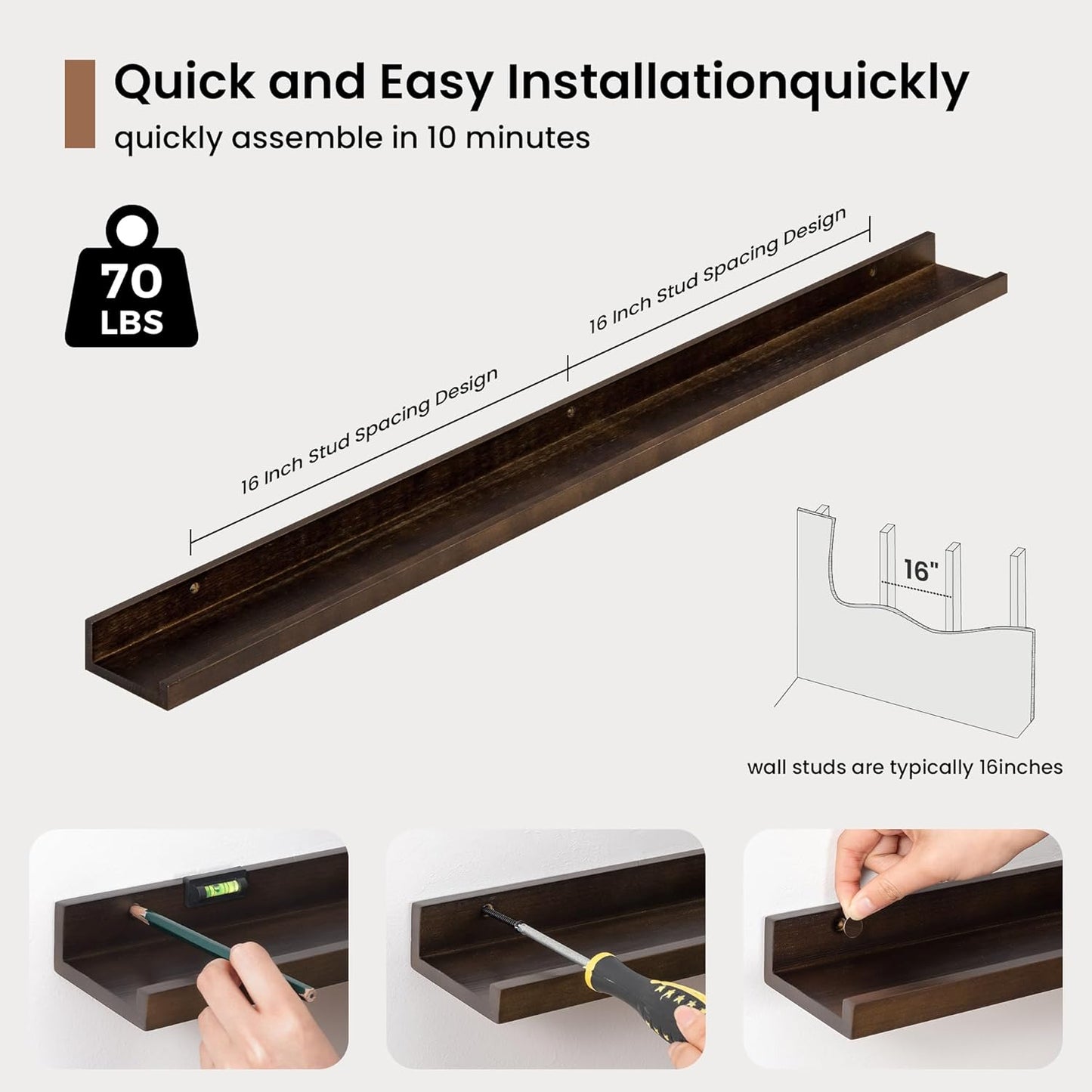 Picture Ledge Shelf, Solid Pine Wood Floating Shelves Set of 2, 40 Inches Nursery Book Shelves for Toys Storage, Kids Bookshelf Wall Mounted for Living Room Bedroom Decor Books Photo Frames, Walnut
