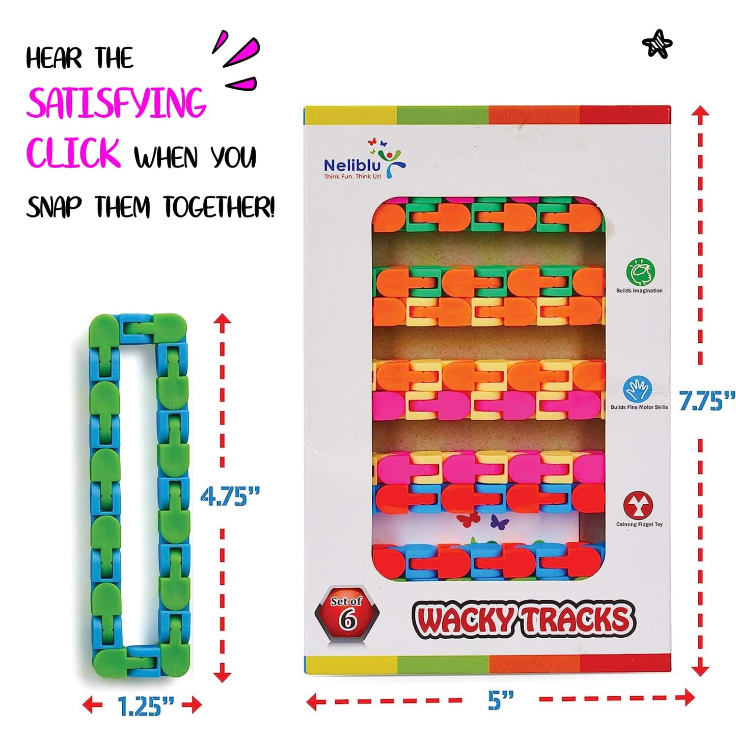 Neliblu Wacky Tracks 6 Pack Sensory Fidget Toys Snap and Click Fidget Cube Puzzles Bulk - ADHD, Autism, Stress Relief Therapy - Fidget Toys for Sensory Kids, Keeps Fingers Busy and Minds Focused