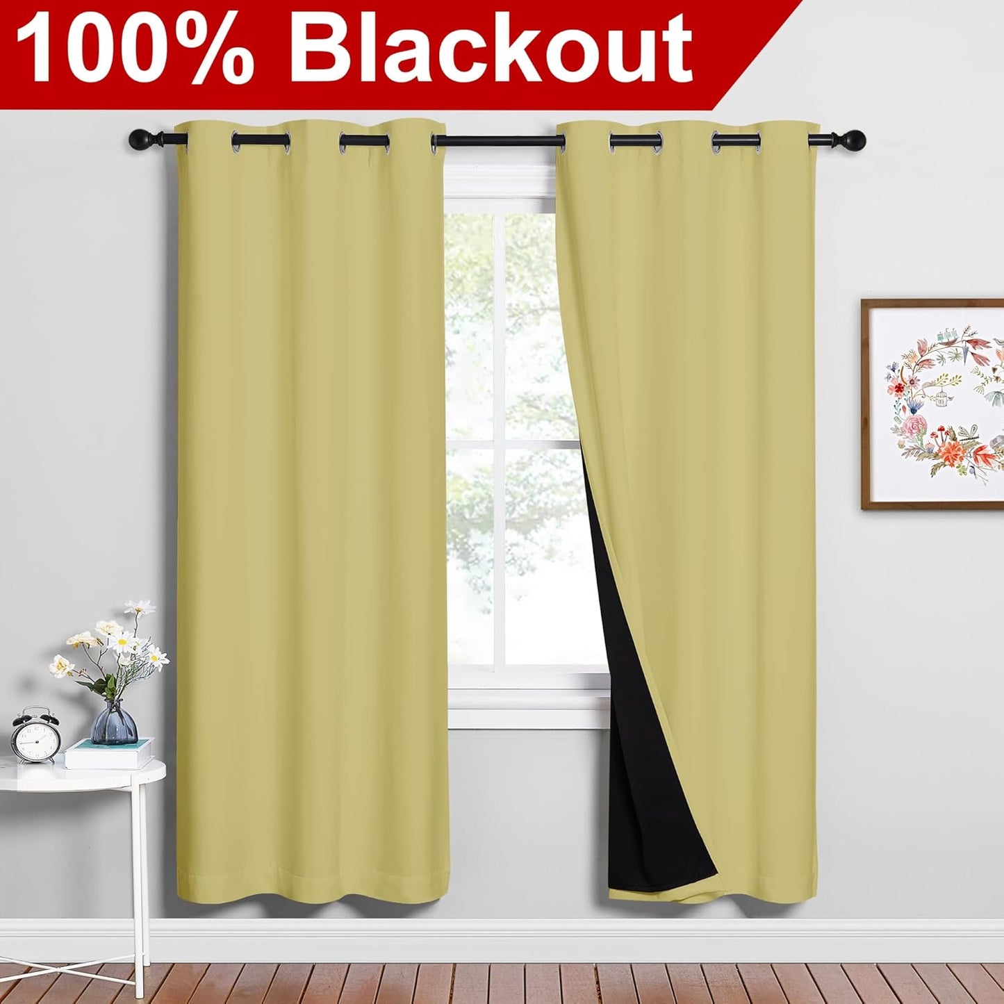 NICETOWN Paler Yellow Full Shade Curtain Panels, Pair of Energy Smart & Noise Blocking Out Blackout Drapes for Dining Room Window, Thermal Insulated Guest Room Lined Window Dressing(42 x 72 inch)