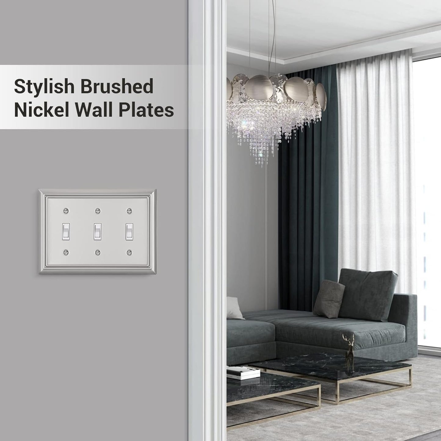 DEWENWILS Tripple Toggle Wallplates, Brushed Nickel Light Switch Covers, Heavy Duty Matel Material, Pack of 2