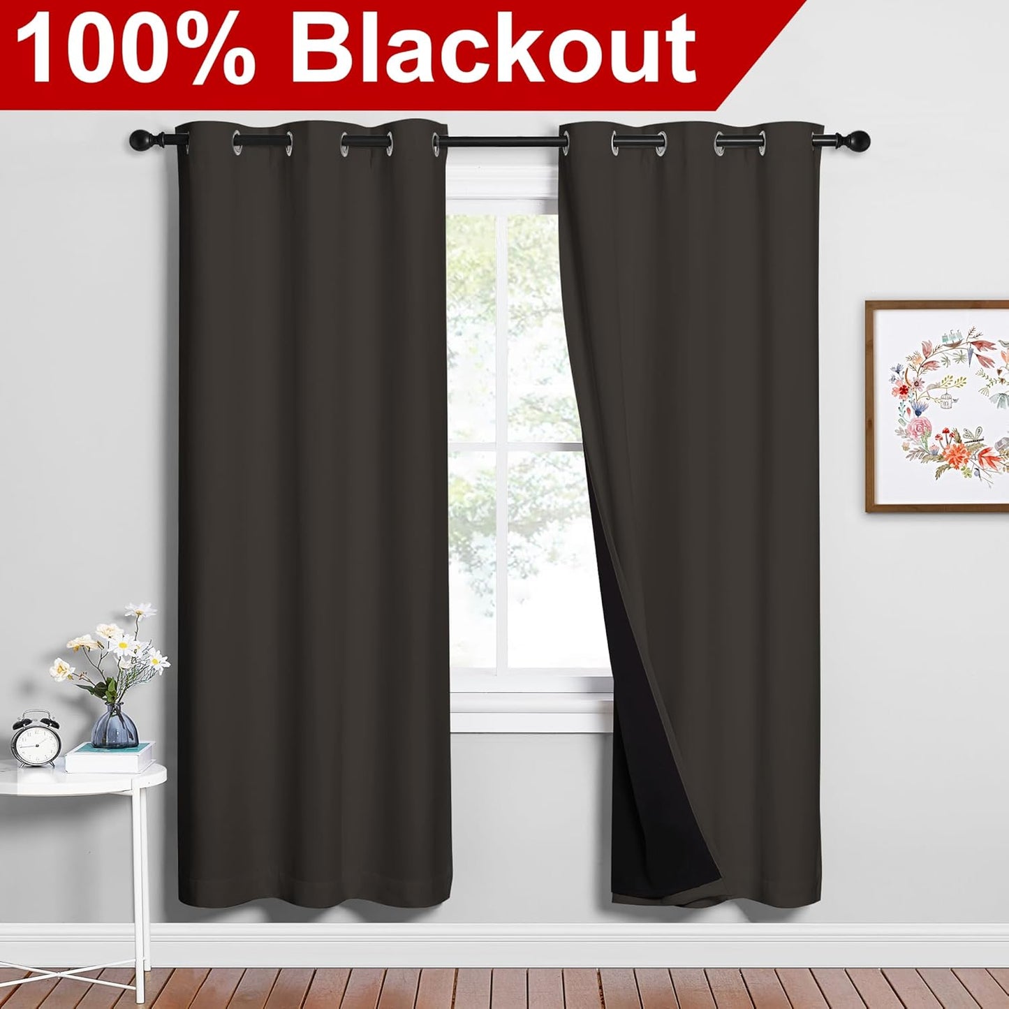 NICETOWN Full Shade Curtain Panels, 37" Wide x 70" Long, Toffee Brown, Pair of Thermal Insulated & Energy Efficiency Blackout Drapes for Living Room, Lined Silky Performance Window Dressing