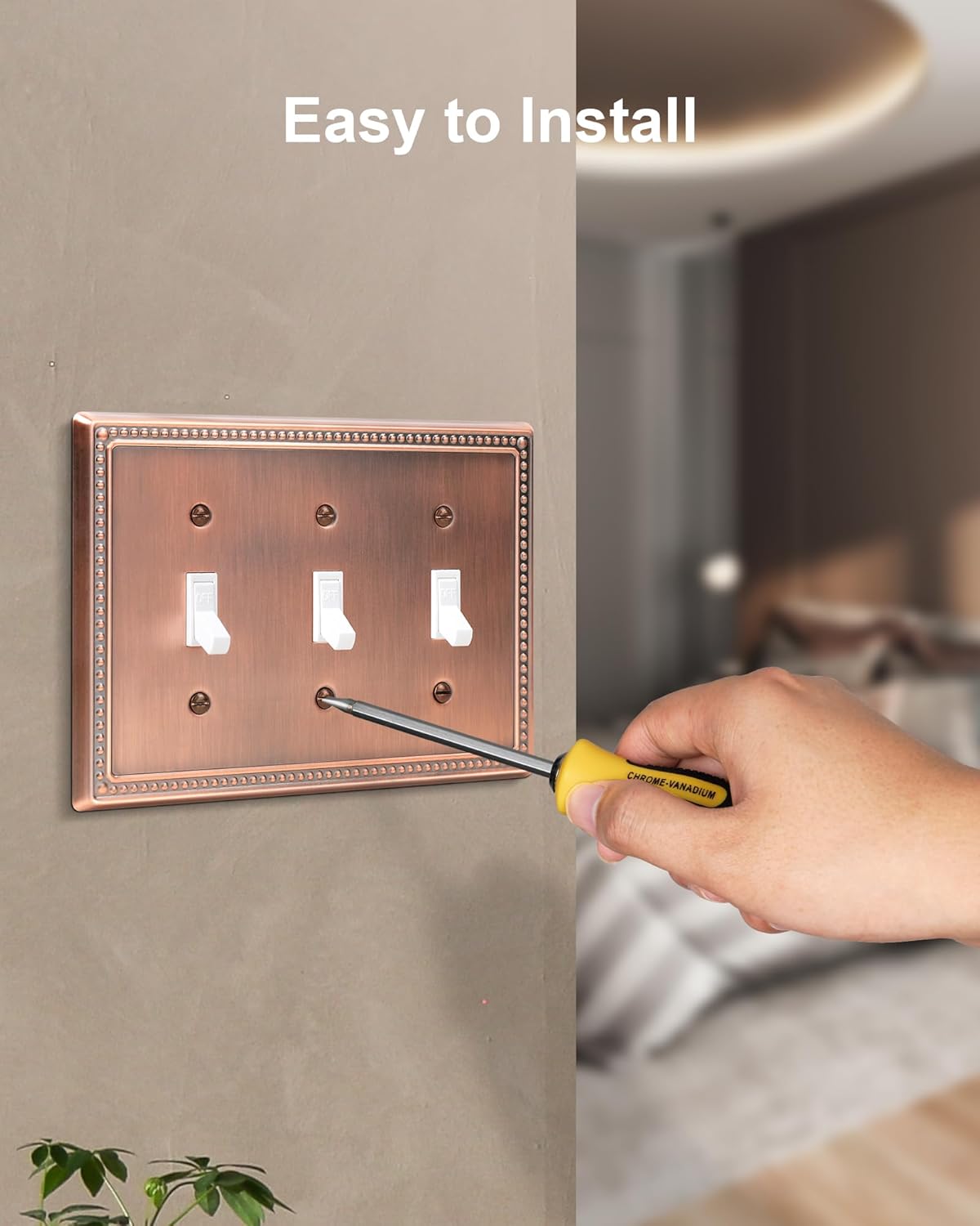 2-Pack Triple Toggle Light Switch Cover Plate, Pearls Decorative Switch Plate Covers, Antique Copper 3 Gang Metal Wall Plate, Corrosion Resistant