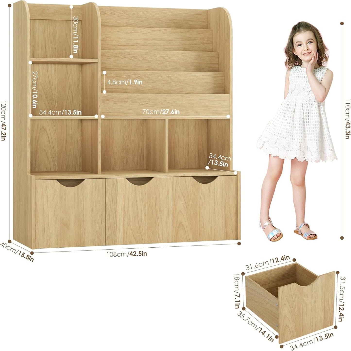 FOTOSOK 47'' Kids Bookshelf with Toy Storage, Multifunctional Bookcase with 5 Storage Cubbies and 3 Movable Drawers, Toy Storager Display Stand, Toy Organizer and Storage for Playroom,Bedroom, Natural