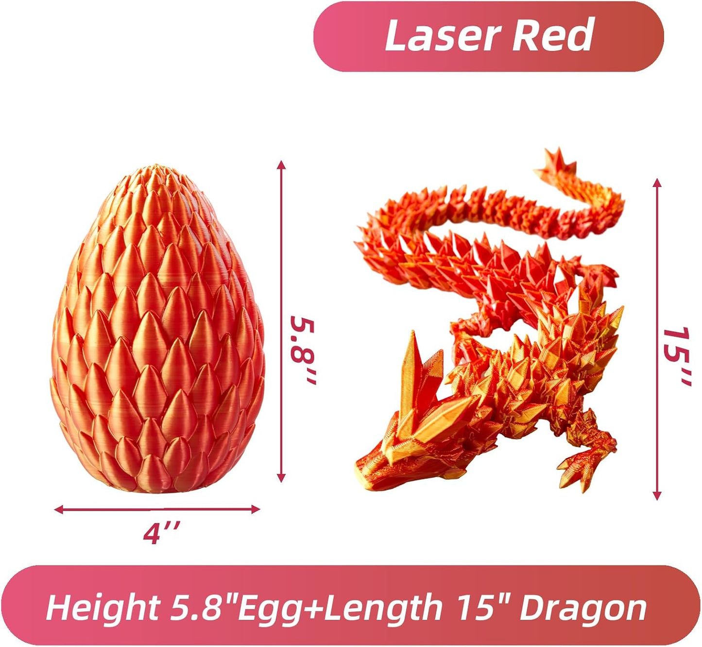 Dragon Egg,15in Crystal Dragon,Surprise Egg,Articulated Dragon,3D Printed Gift Toy,Fidget Toys for Autism/ADHD, Executive Desk Toys,Home Office Decor (Laser Red)