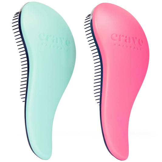 Crave Naturals Glide Thru Detangler Brush Pack of 2 - Curly Hair Brush for Women and Kids - Wet and Dry Comb for Adults - Soft Flexible Bristles for Gentle Use - Turquoise and Pink