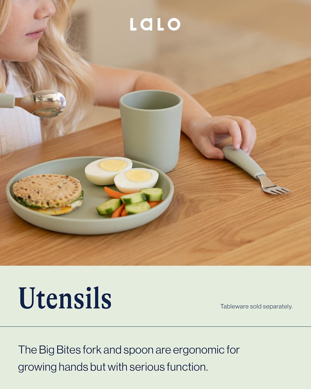 Lalo Utensils - Toddler Fork and Spoon Set - Stainless Steel and Silicone Ergonomic Toddler Utensils - Children Safe Flatware Set - 2 Pieces - Grapefruit