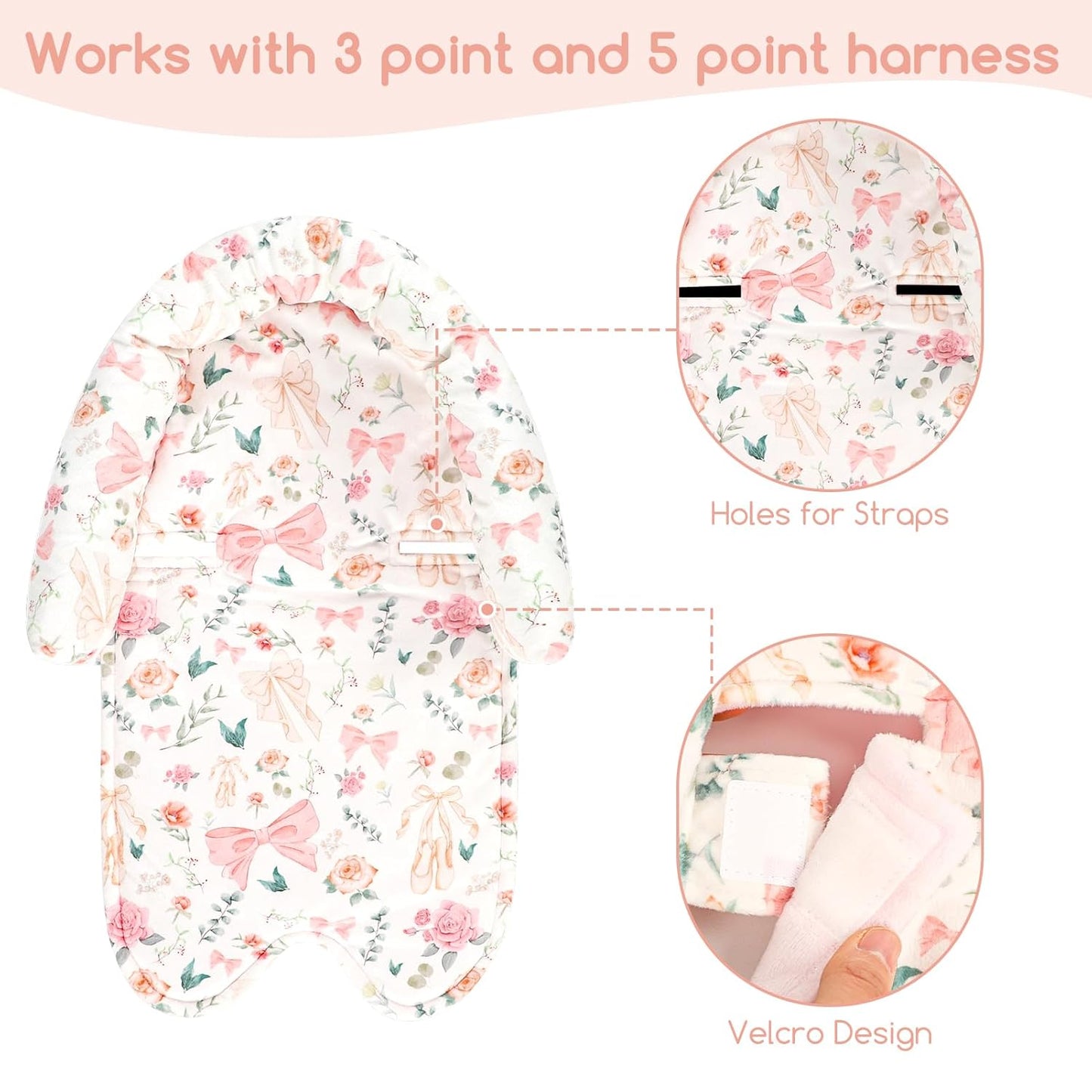 Baby Car Seat Head Support for Newborn, GFU 2 in 1 Infant Car Seat Head Body Support with Strap Pads, Soft Stroller Cushion Pillow Insert for Girls, Fits for Stroller, Swing, Pink Floral