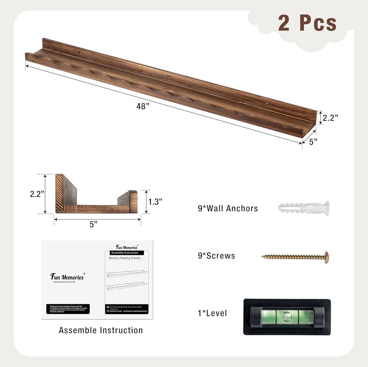 Fun Memories Picture Ledge Shelf for Wall, 48 inch Pine Wood Nursery Book Shelves Set of 2- Wall Book Shelves for Kids Room, Home Decor - Kitchen Spice-Carbonized