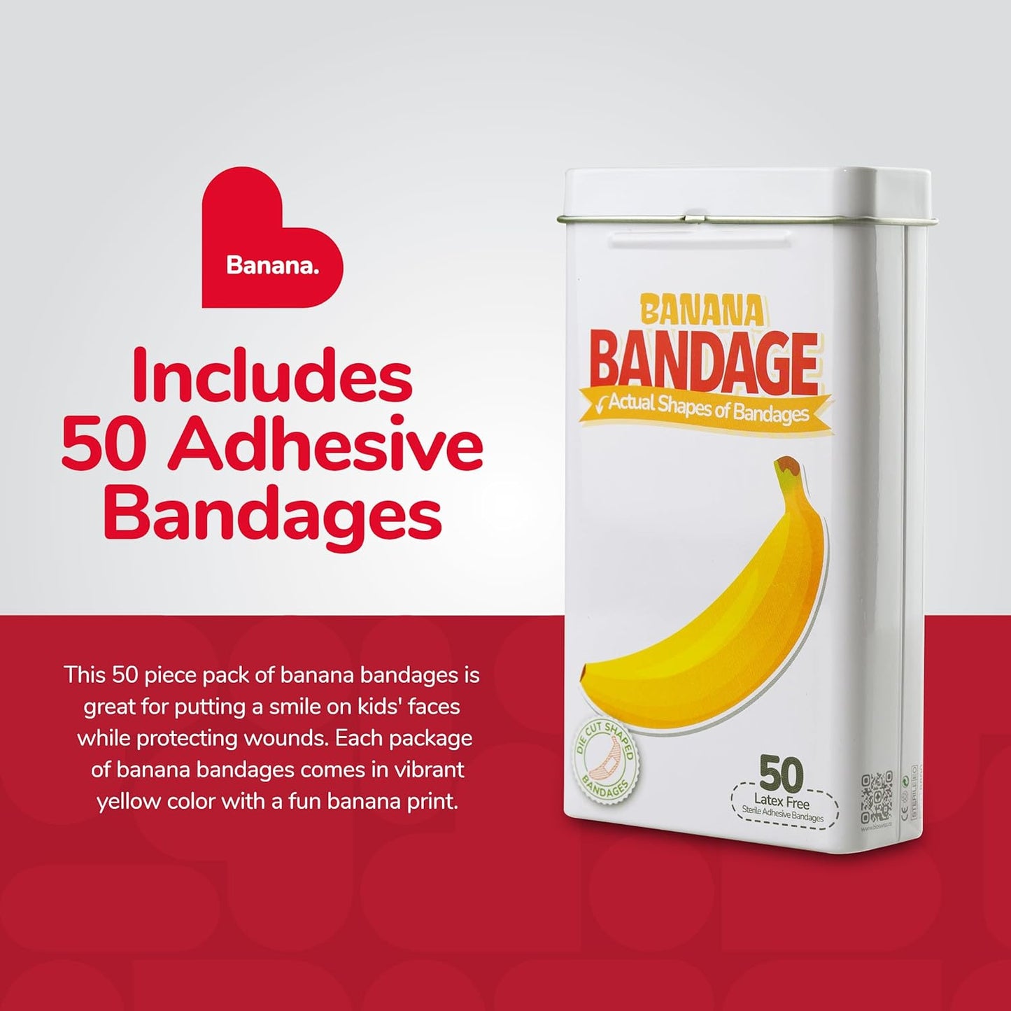BioSwiss Bandages, Banana Shaped Self Adhesive Bandage, Latex Free Sterile Wound Care, Fun First Aid Kit Supplies for Kids, 50 Count